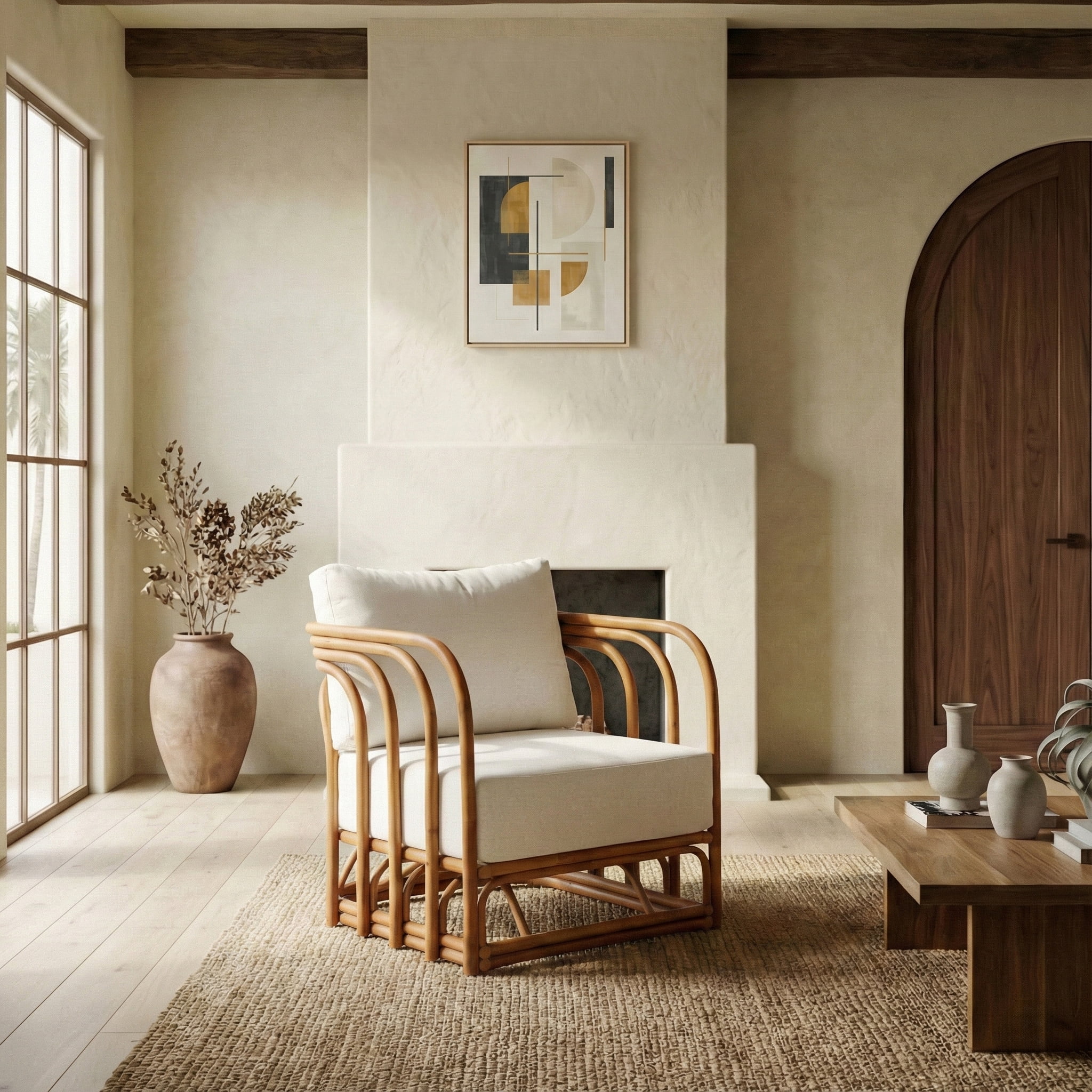 Safavieh Couture Harlowe Rattan Mid-Century Accent Chair, Natural/White
