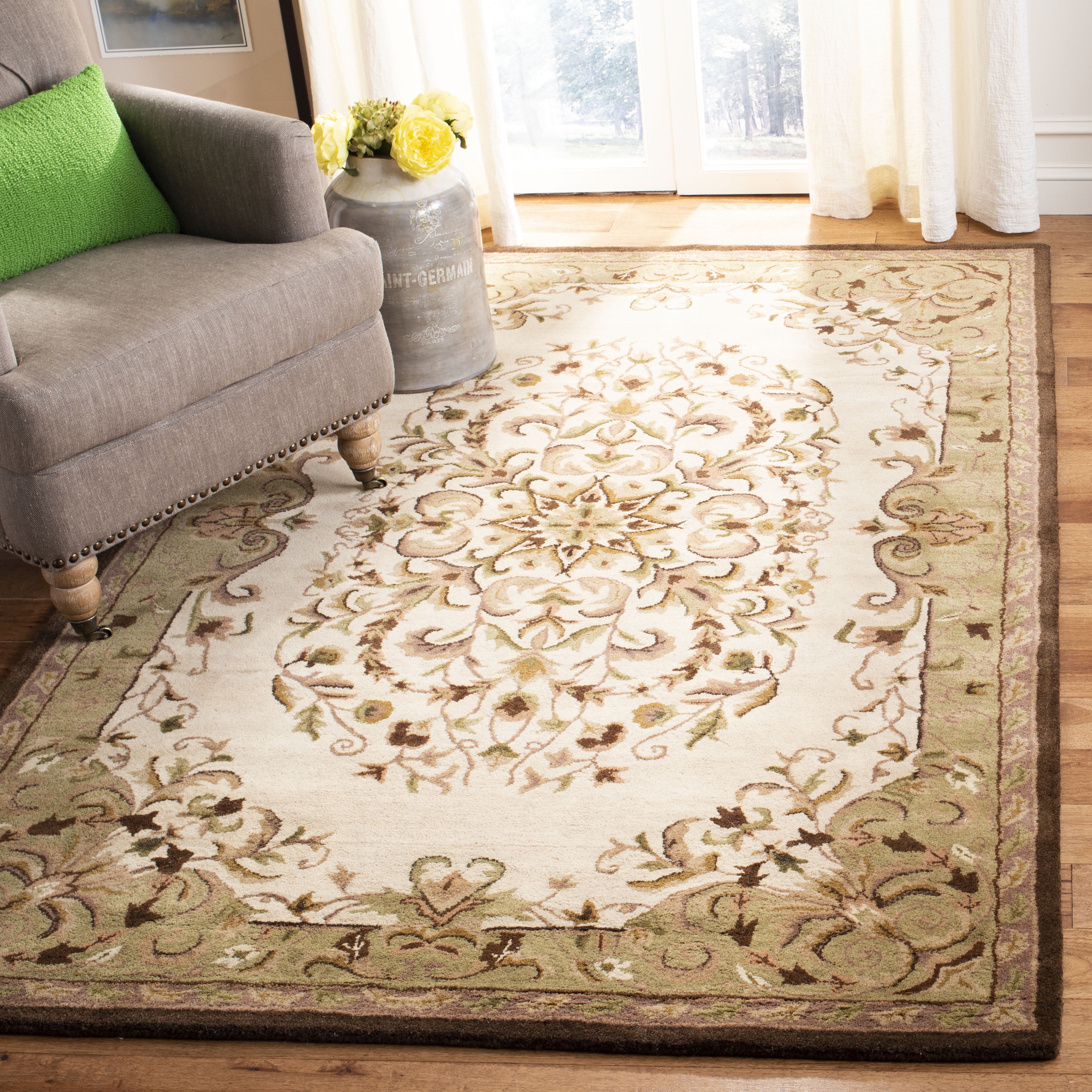 Beige and Green Hand-Tufted Wool Area Rug, 9'6" x 13'6"