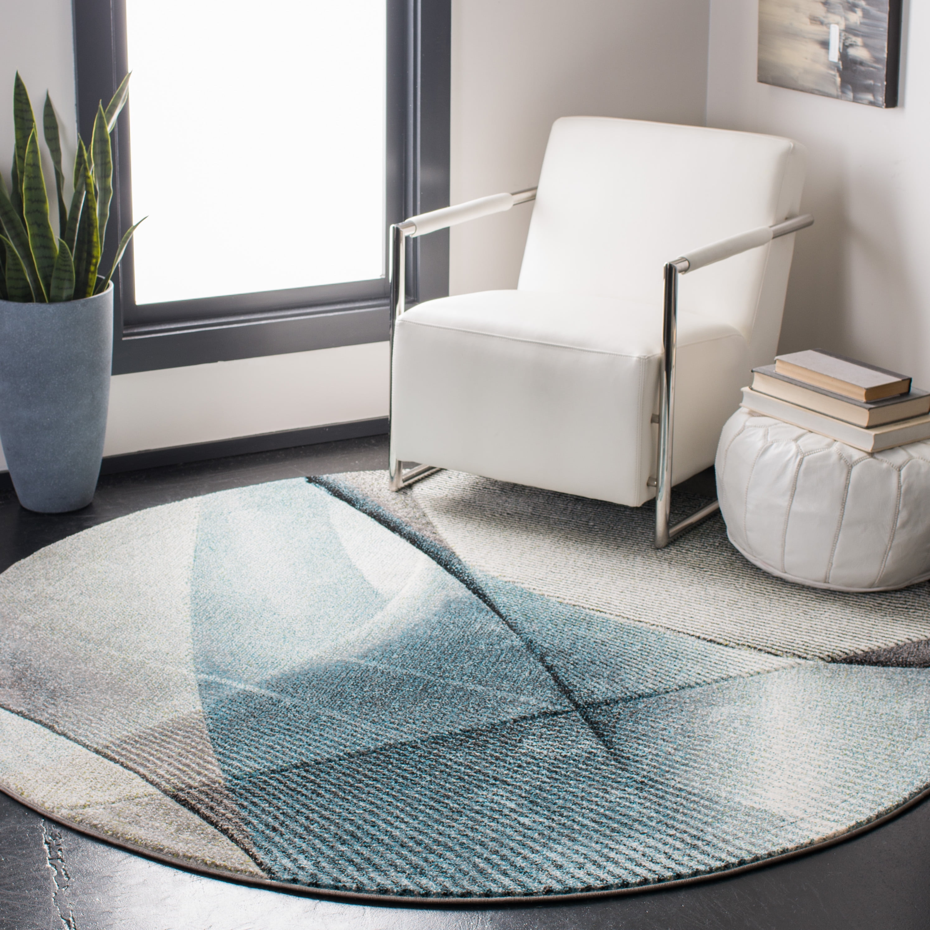 Grey and Teal Abstract Round High Pile Area Rug