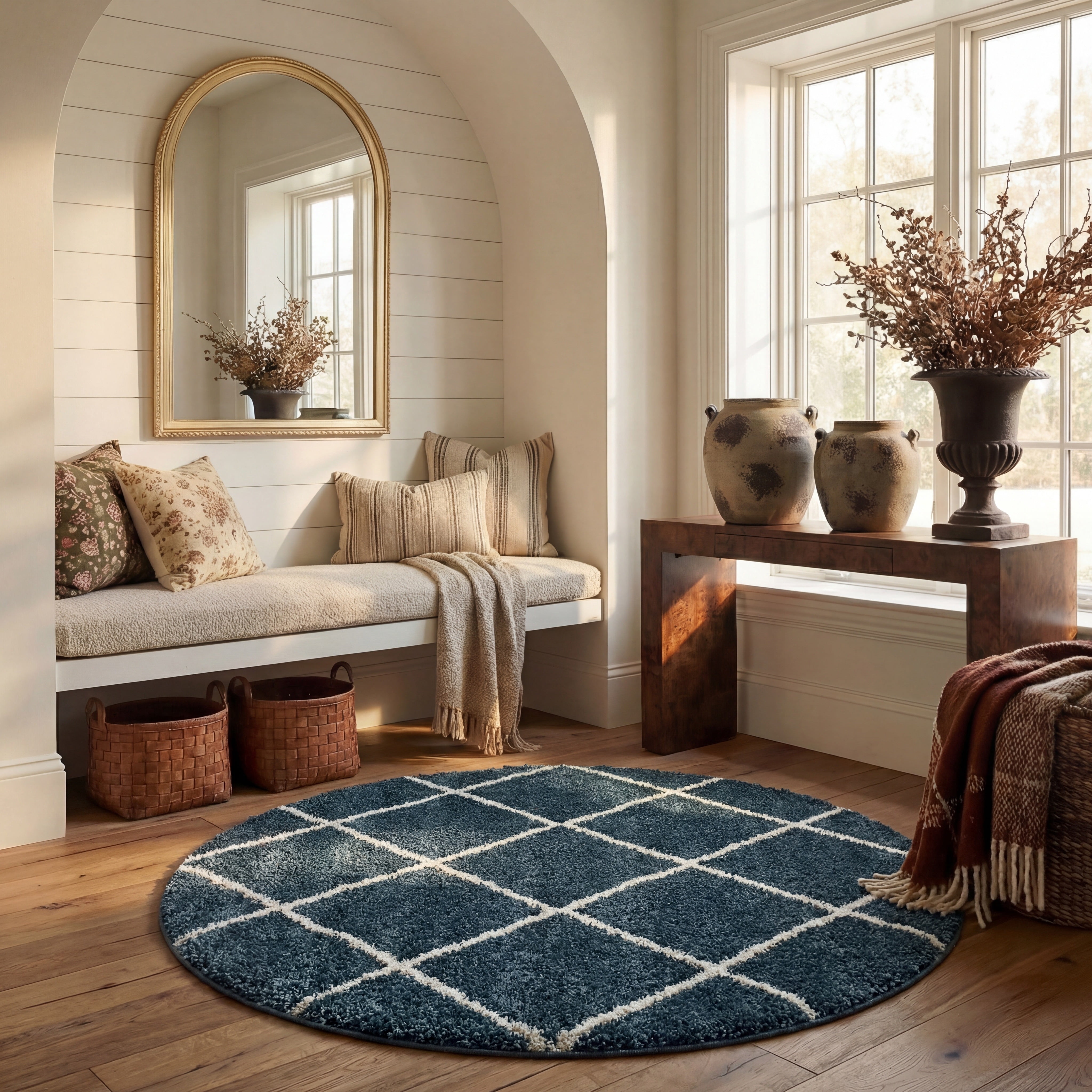 Safavieh Hudson Amias Geometric Shag Area Rug, Slate Blue/Ivory, 4' x 4' Round