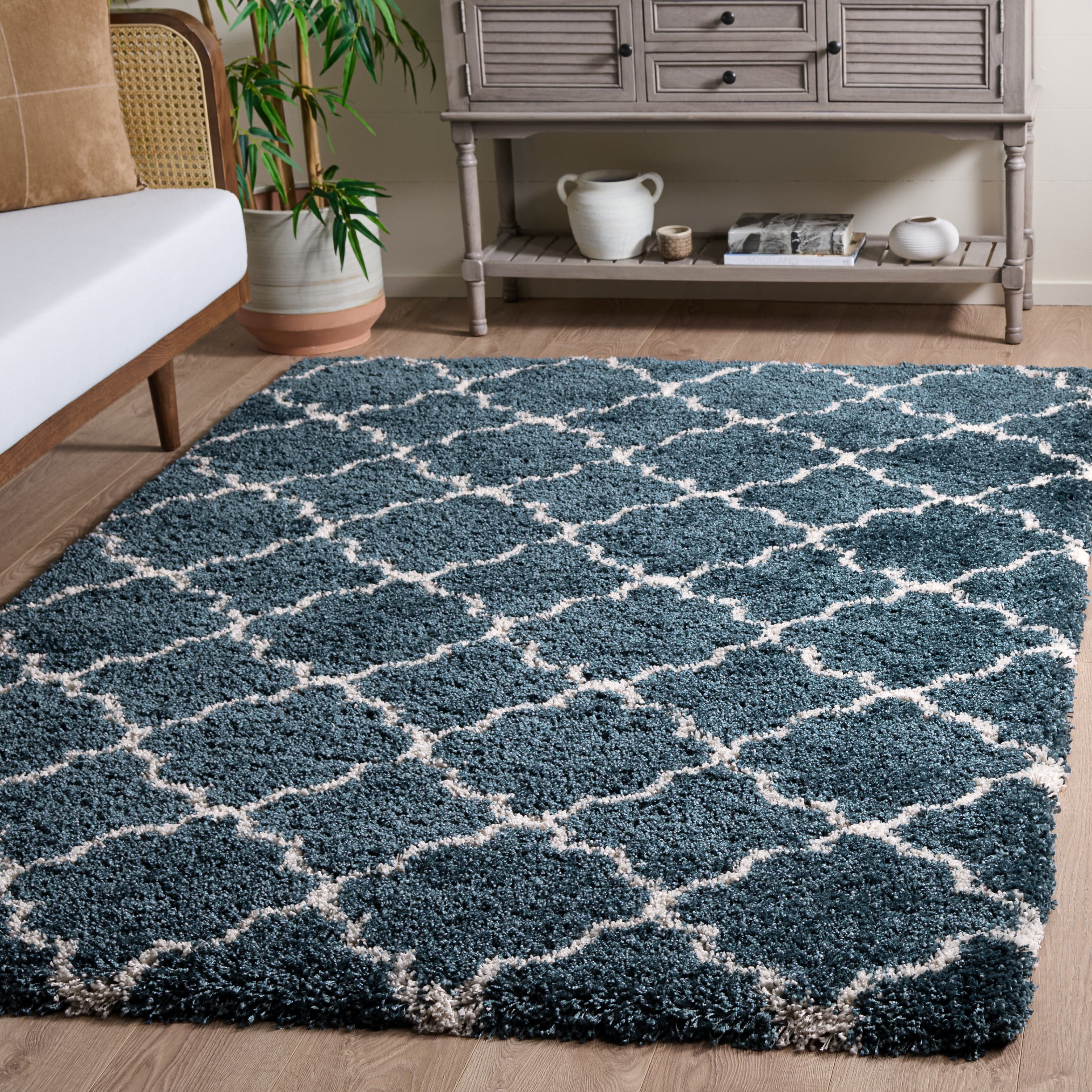 Safavieh Hudson Jaye Geometric Shag Area Rug, Slate Blue/Ivory, 4' x 4' Square