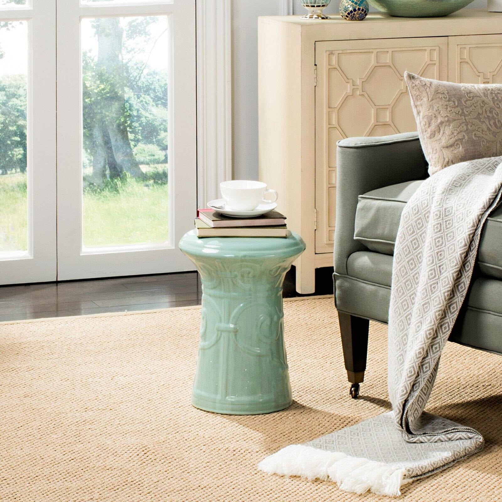Light Aqua Ceramic Garden Stool with Imperial Scroll Design