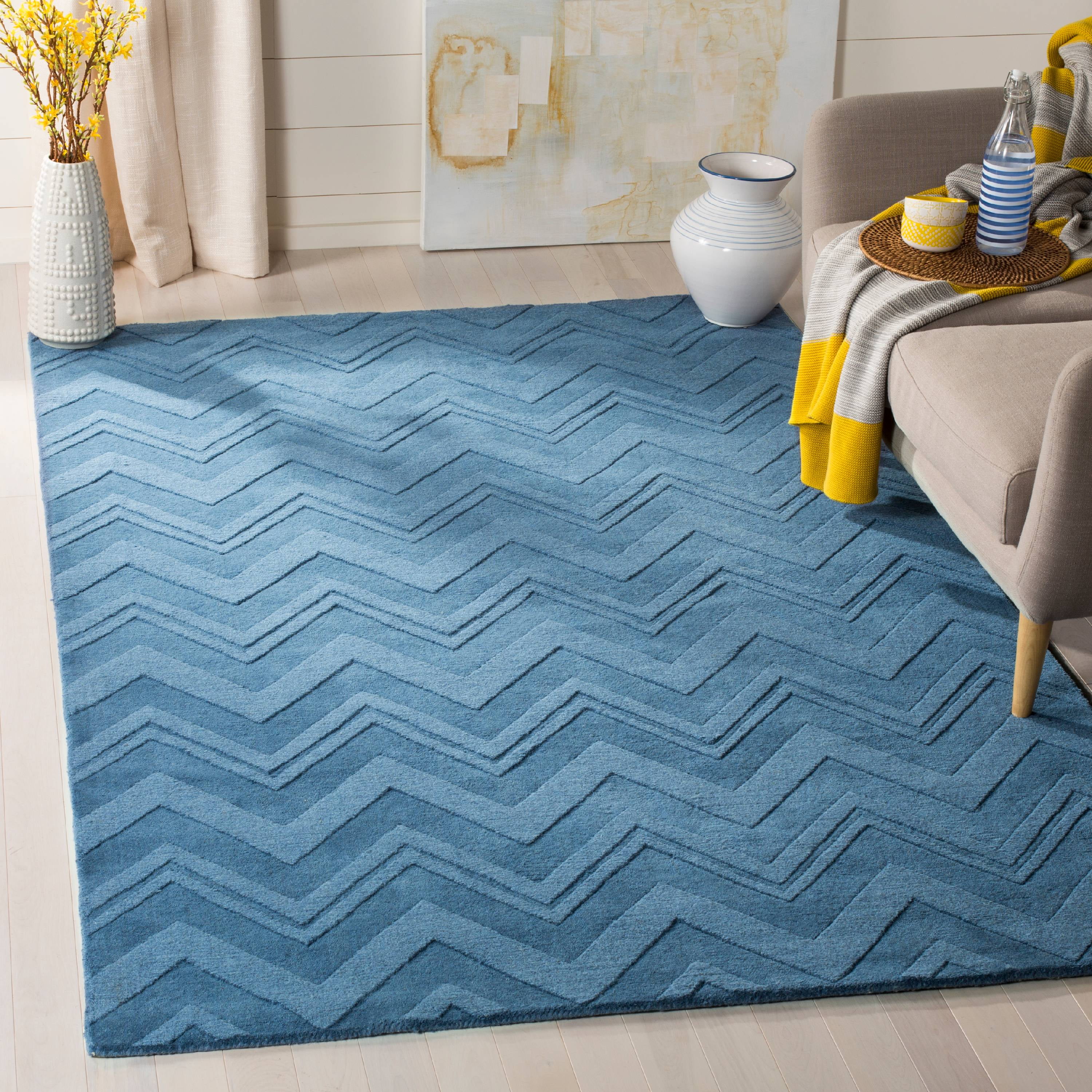 Handmade Blue Wool Chevron Square Area Rug