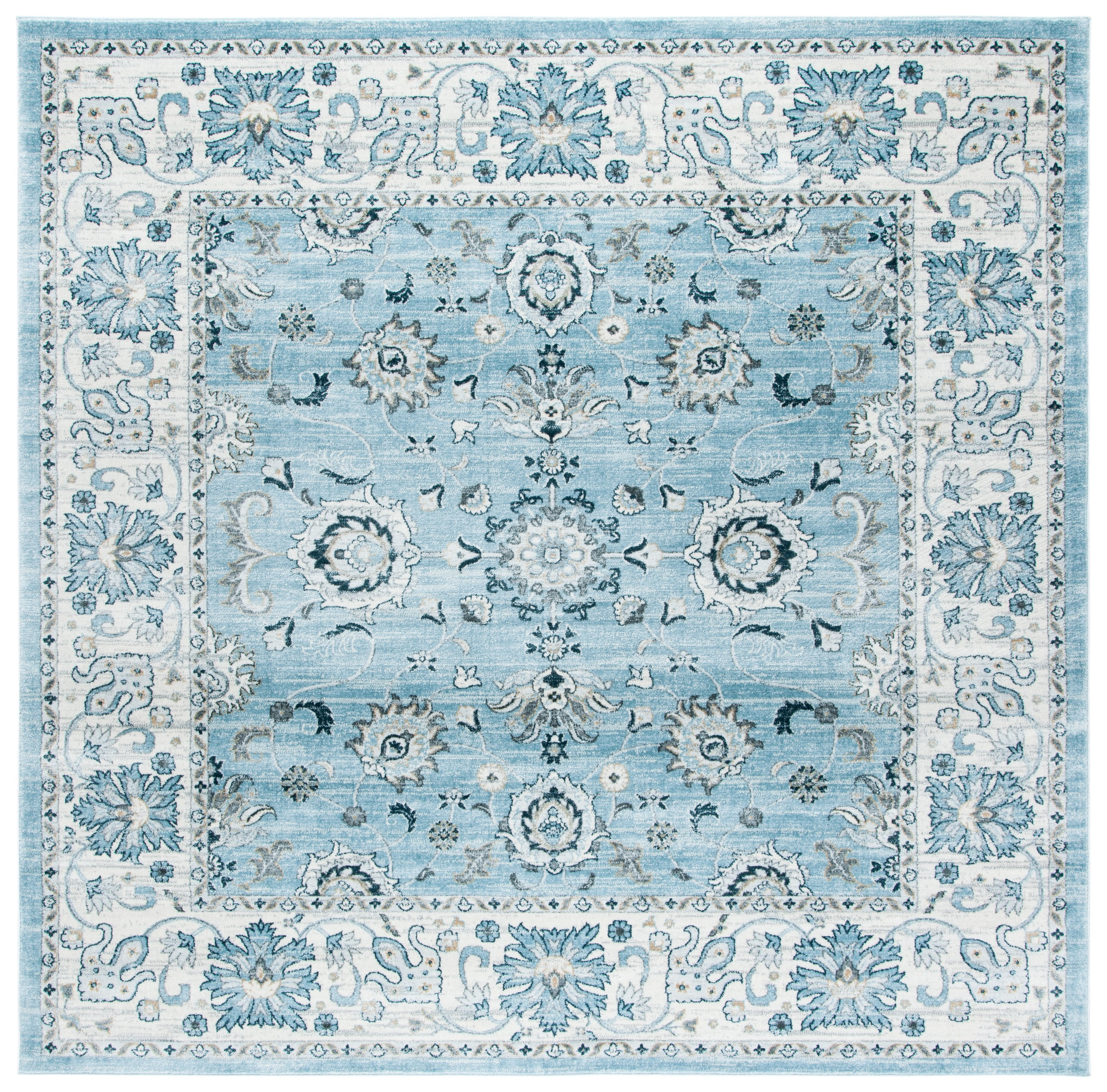 Light Blue and Cream Synthetic Square Oriental Rug, 63"