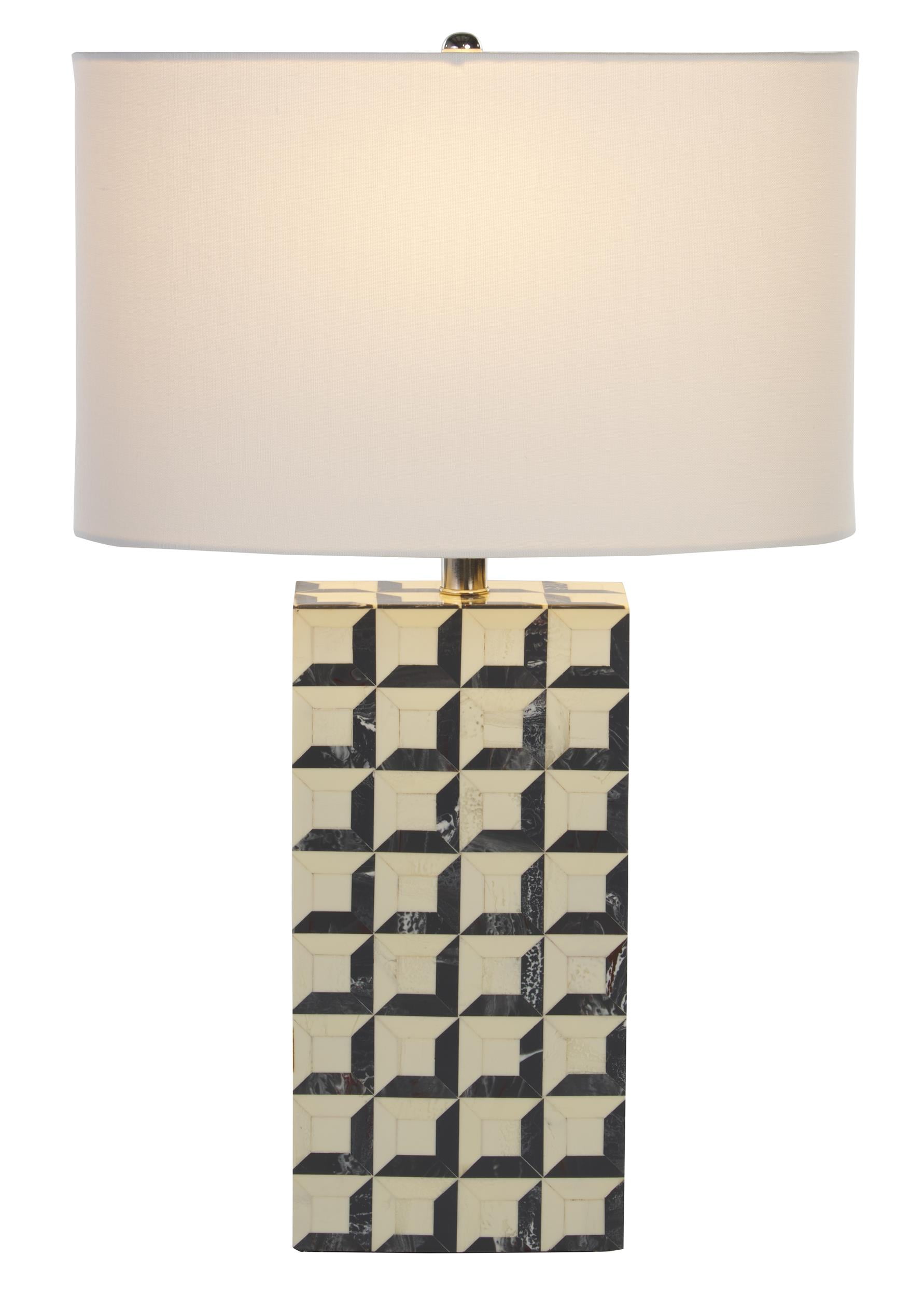 White and Black Geometric Resin Table Lamp with Fabric Shade