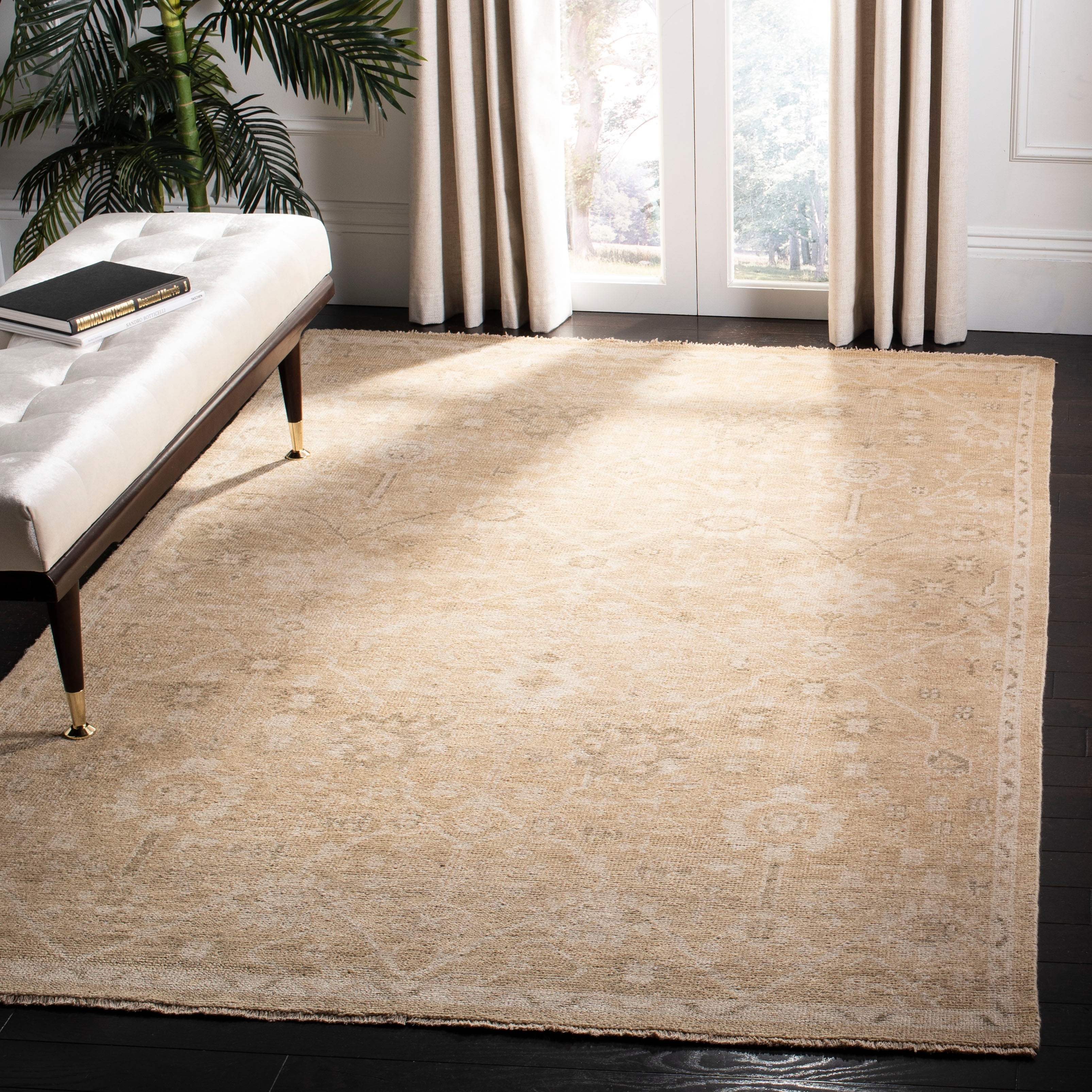Elegant Ivory Floral Hand-Knotted Wool & Viscose 9' x 12' Rug