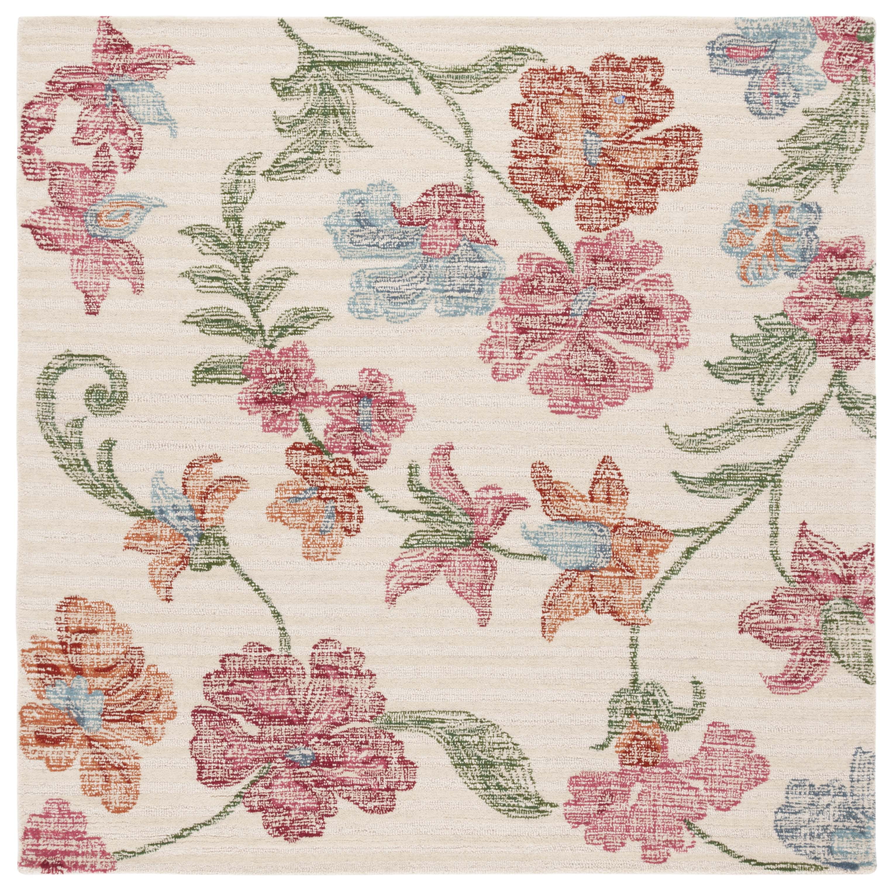 Ivory Floral Hand-Tufted Wool Square Area Rug, 6' x 6'