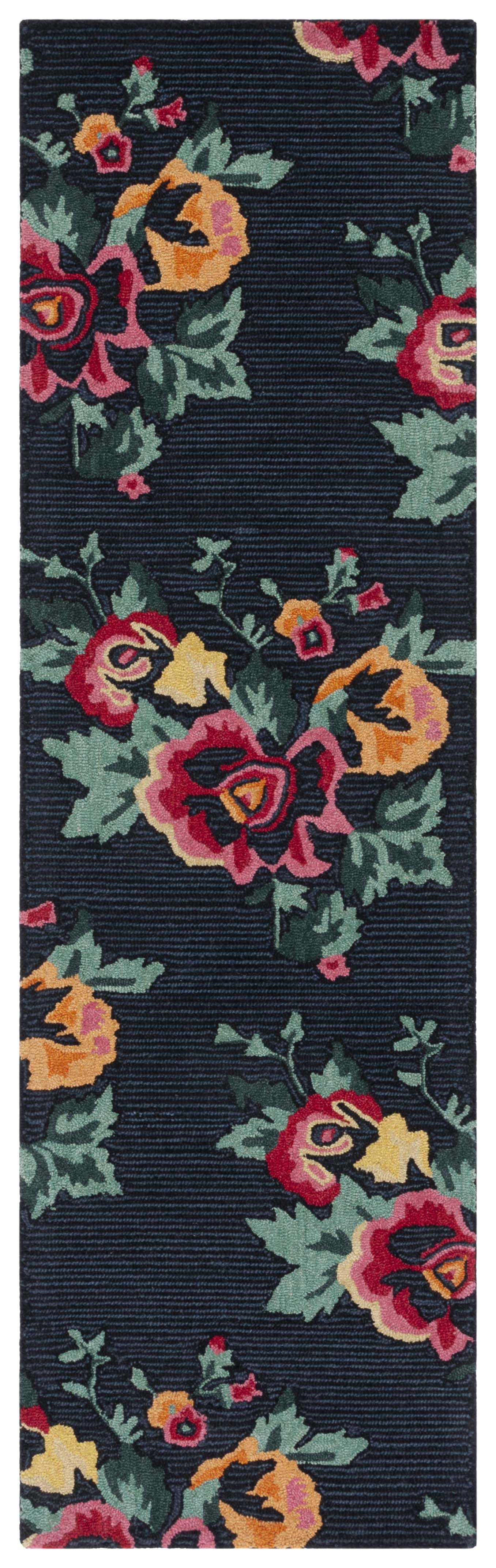 Handmade Black Floral Wool Tufted Runner Rug, 2'3" x 8'