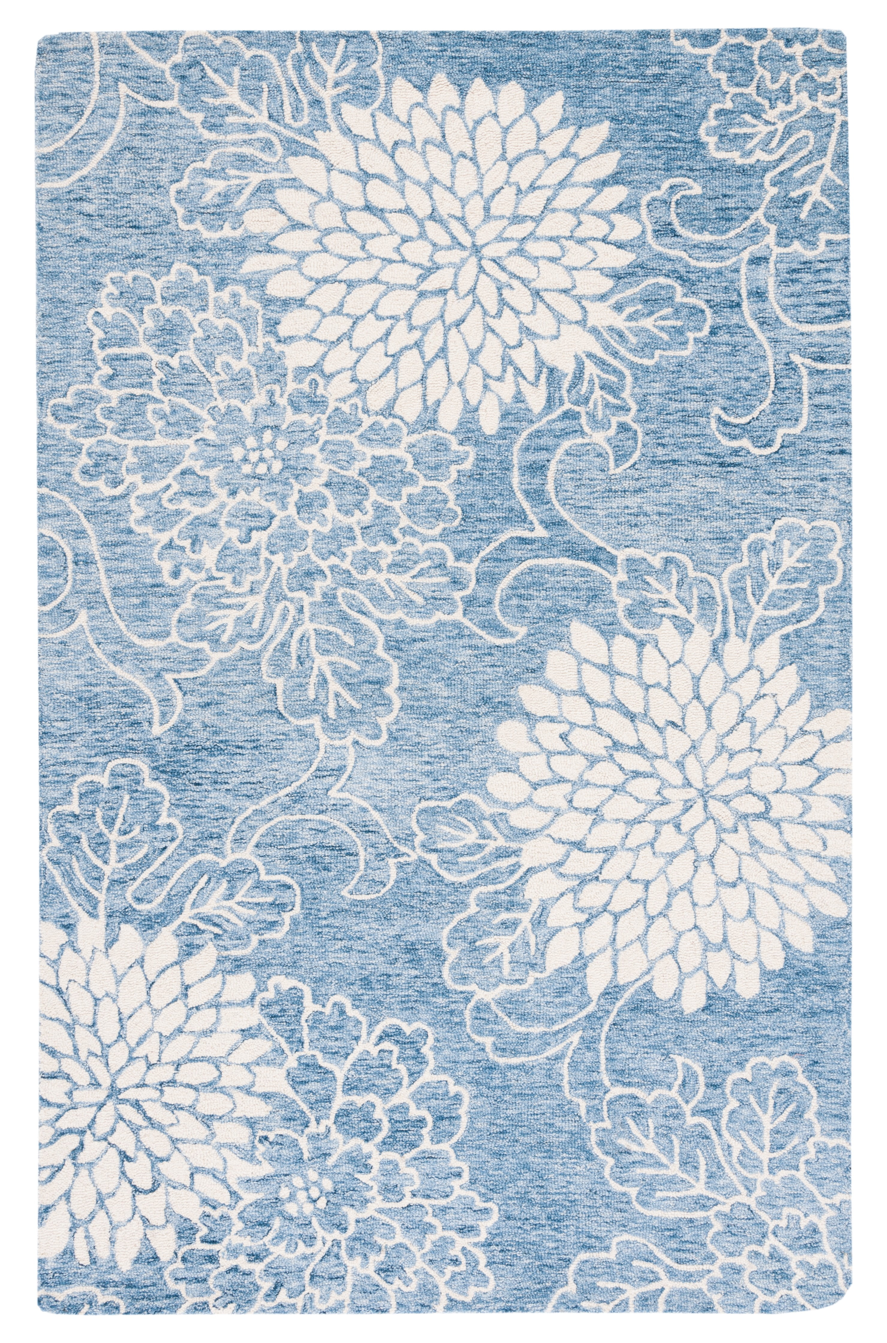Handmade Blue and Ivory Floral Wool Tufted Area Rug