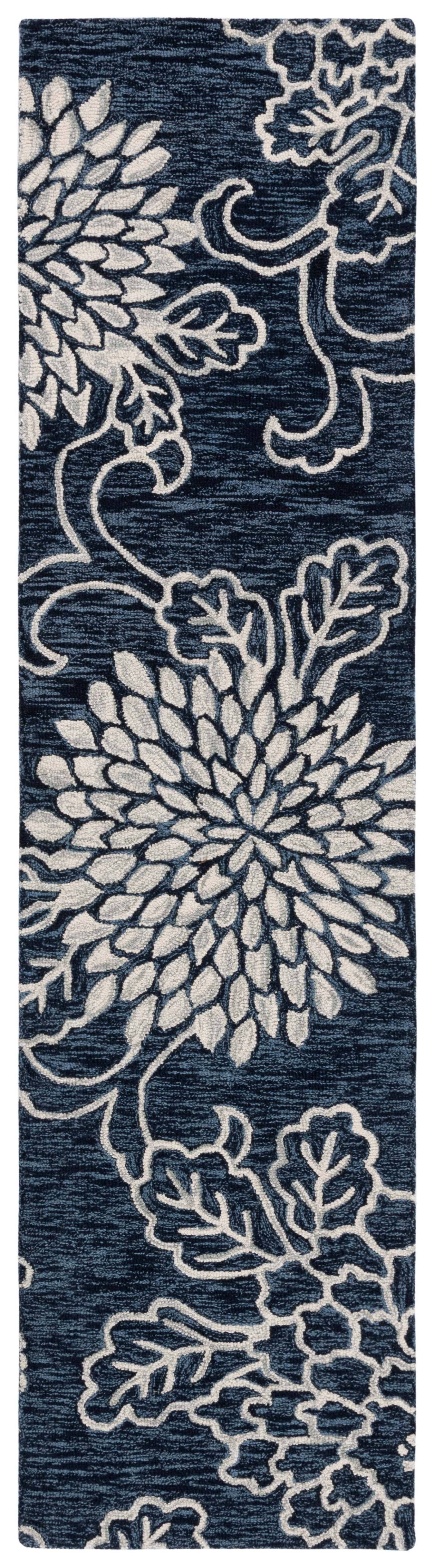 Navy and Ivory Floral Hand-Tufted Wool Runner Rug