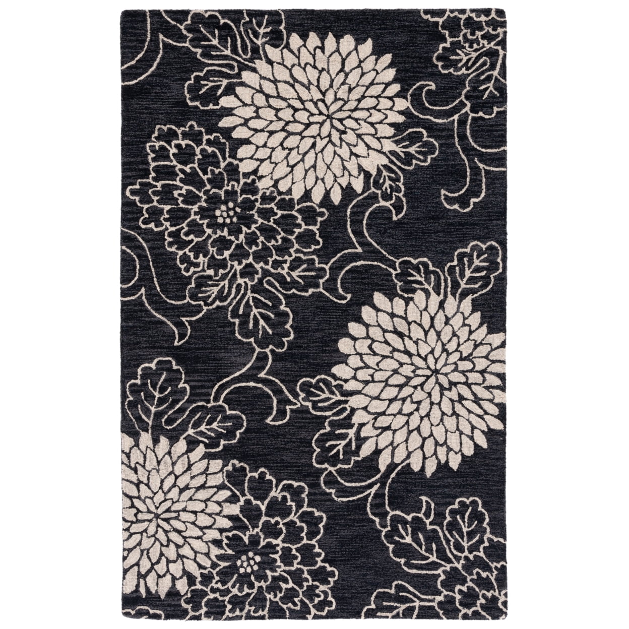 Handmade Black and Ivory Floral Wool Area Rug 3' x 5'