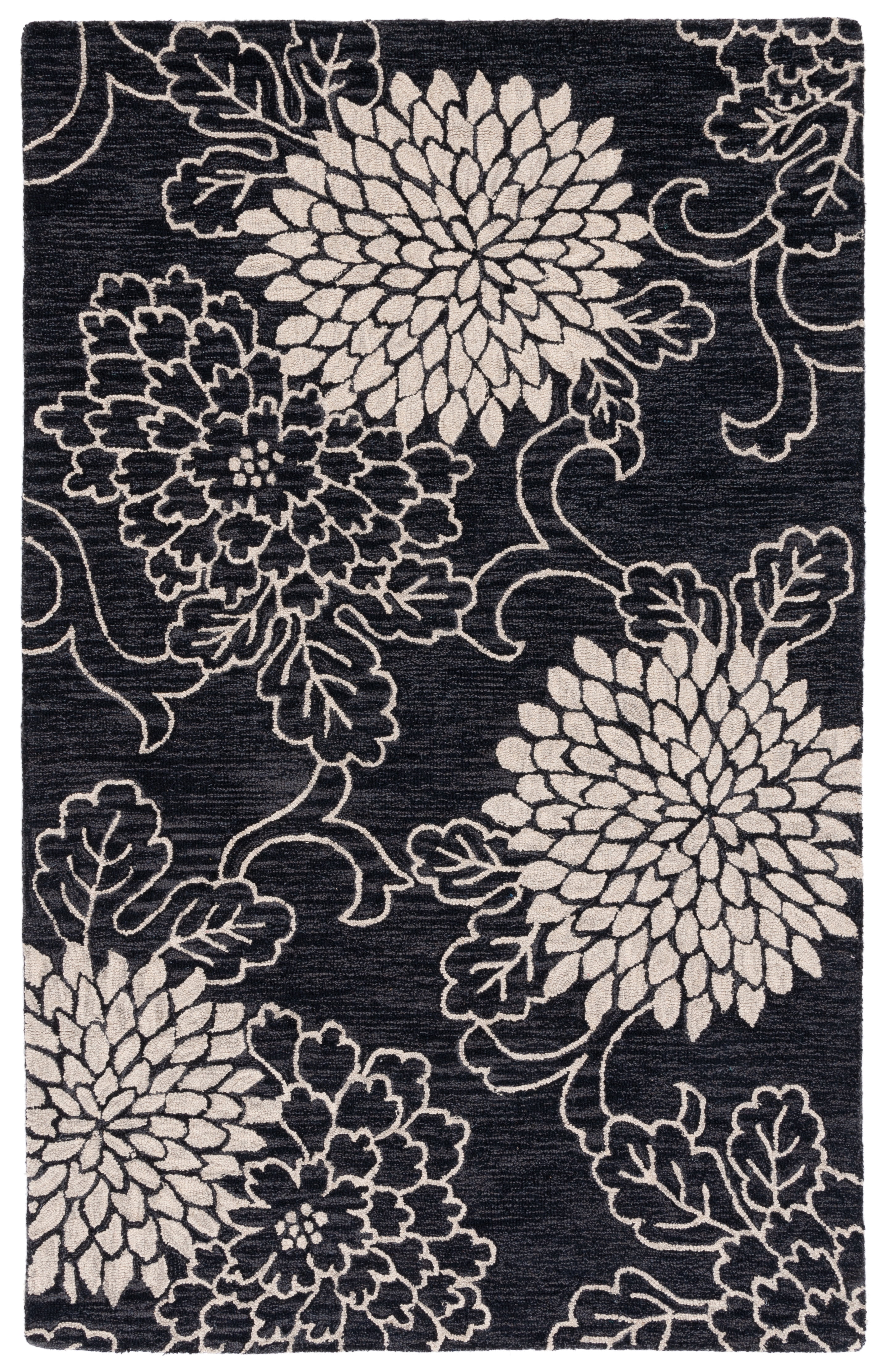 Handmade Black and Ivory Floral Wool Area Rug, 5' x 8'