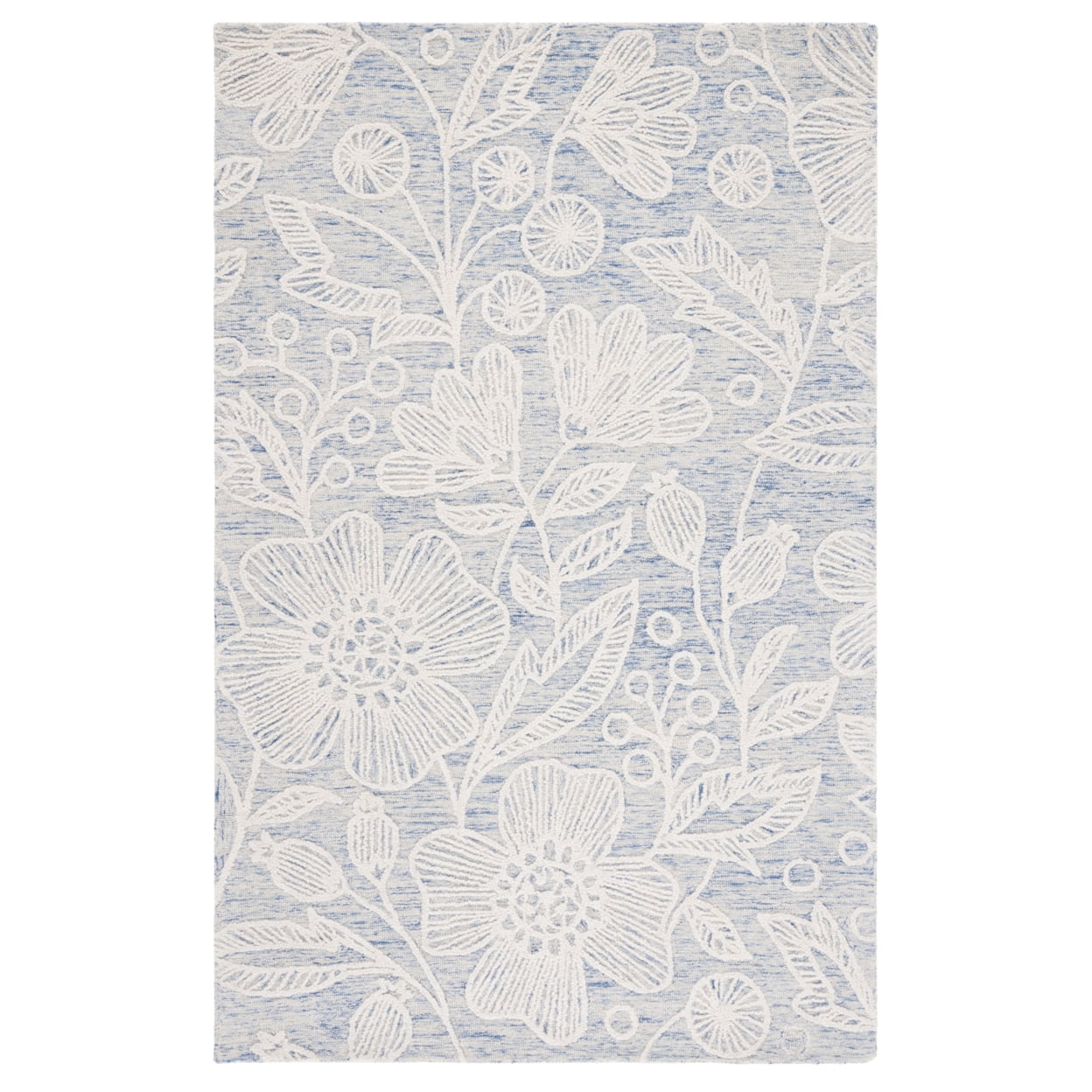 Handmade Blue and Ivory Floral Wool Square Rug 6' x 6'