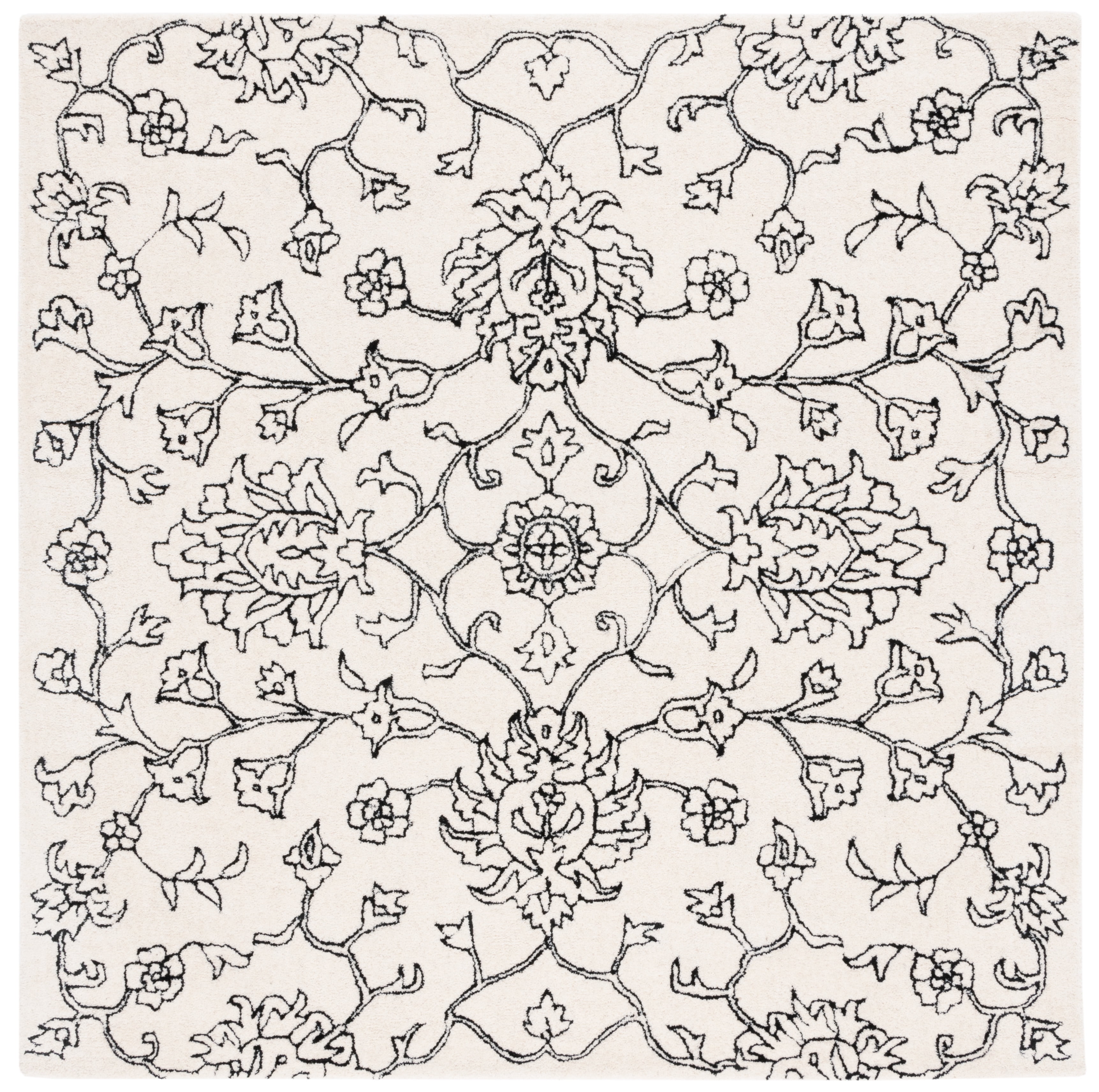Ivory and Black Floral Hand-Tufted Wool Square Rug