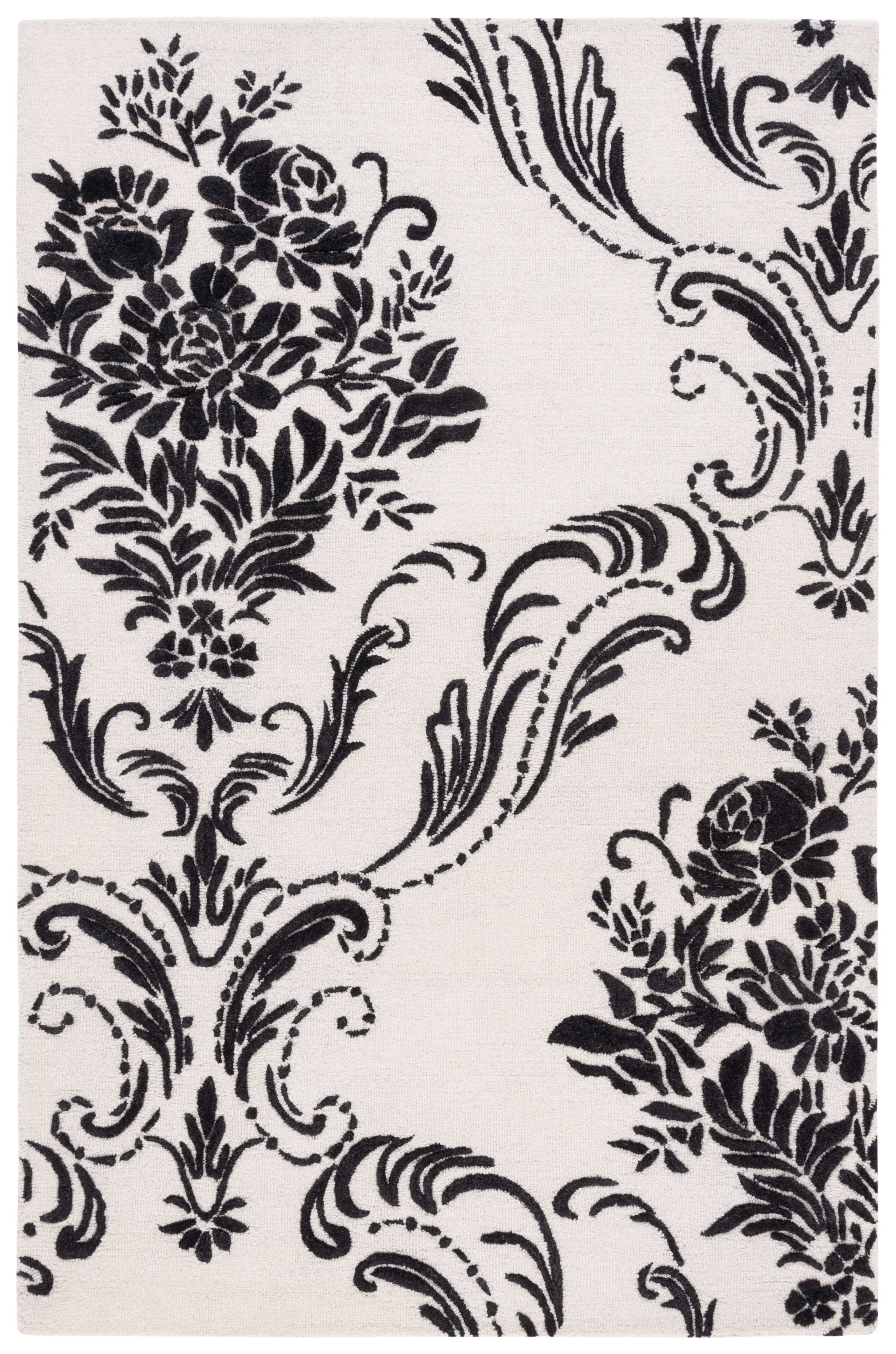 Ivory and Black Hand-Tufted Wool Floral Area Rug, 5' x 8'