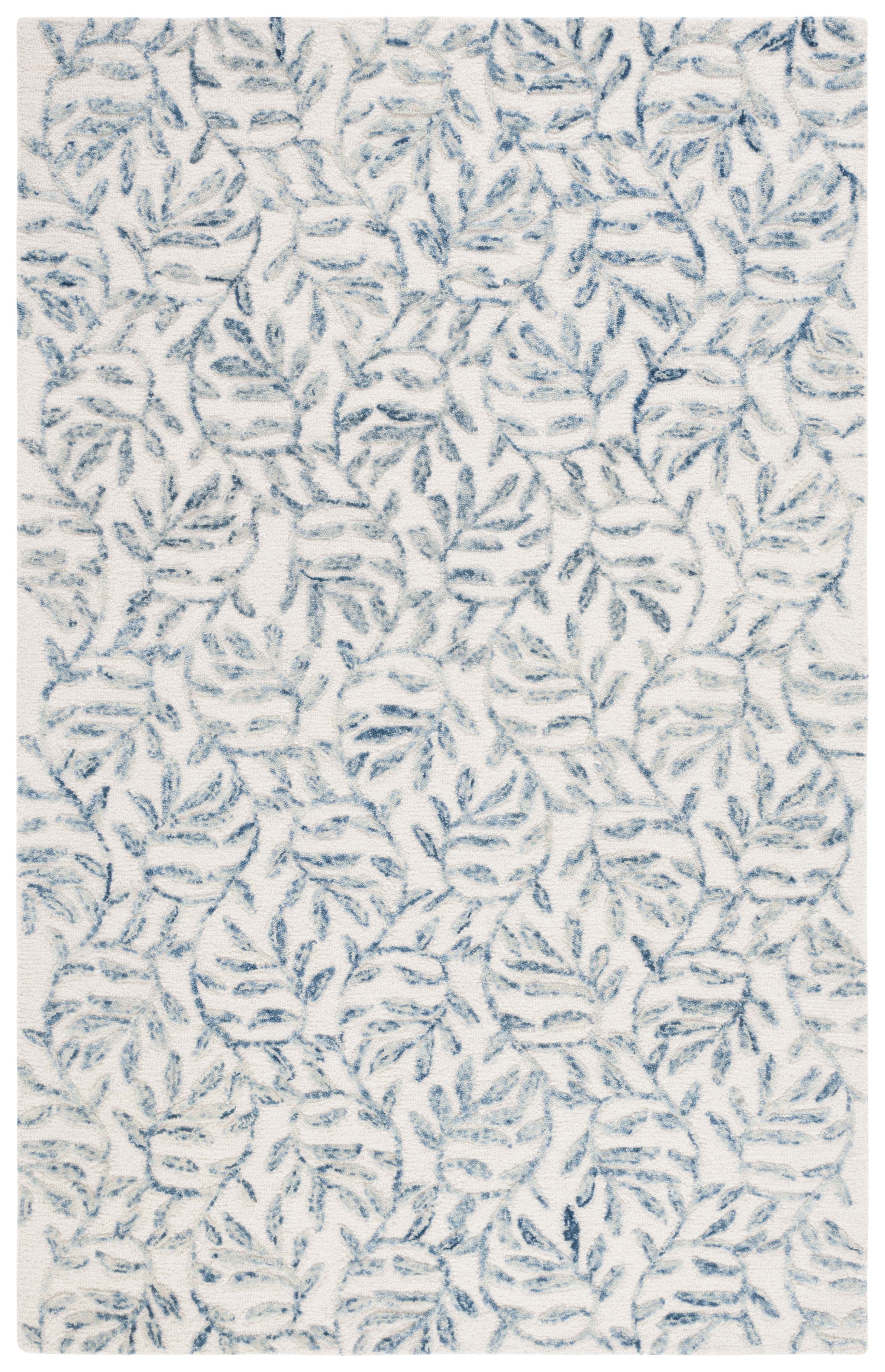 Ivory and Blue Floral Hand-Tufted Wool Area Rug, 5' x 8'