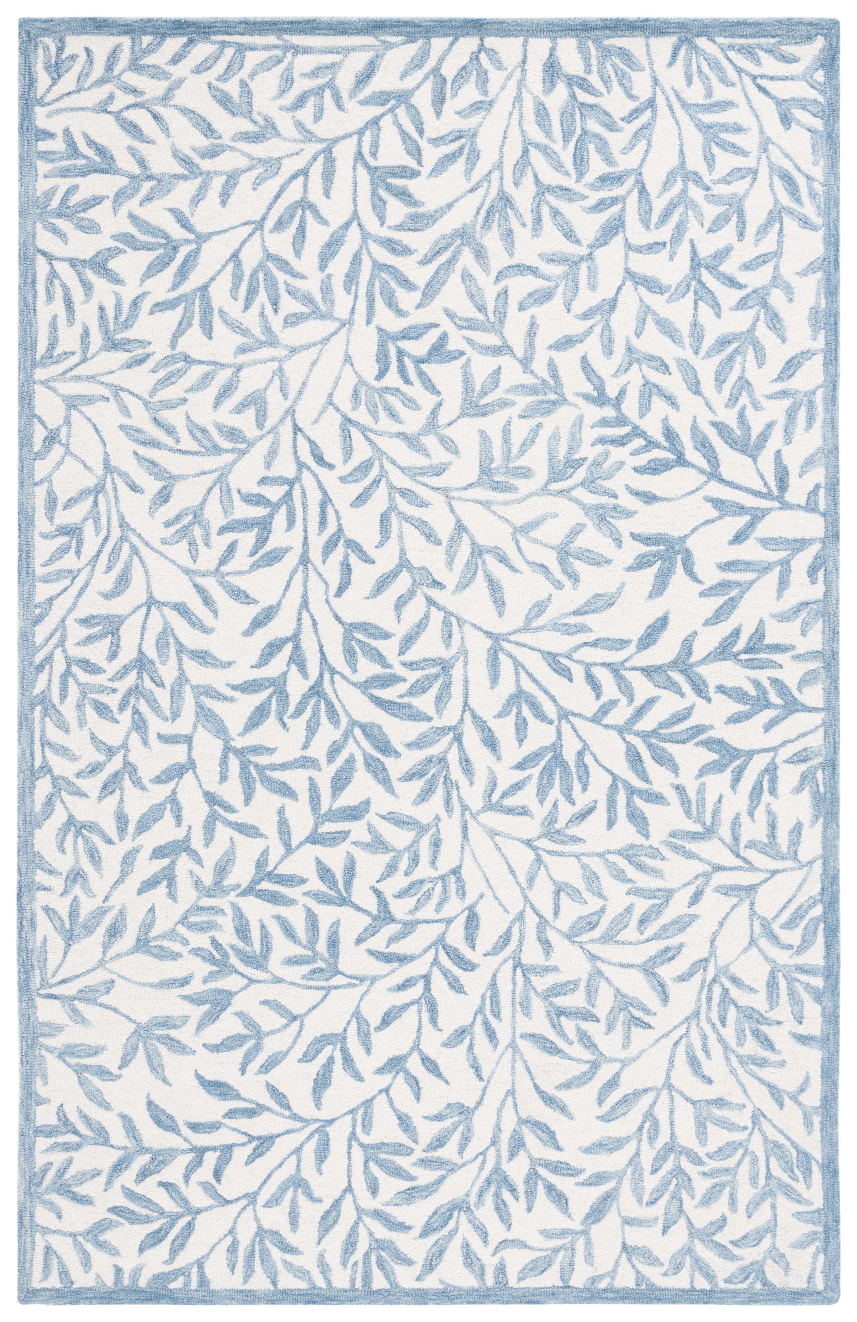Ivory and Blue Floral Hand-Tufted Wool 4' x 6' Rug