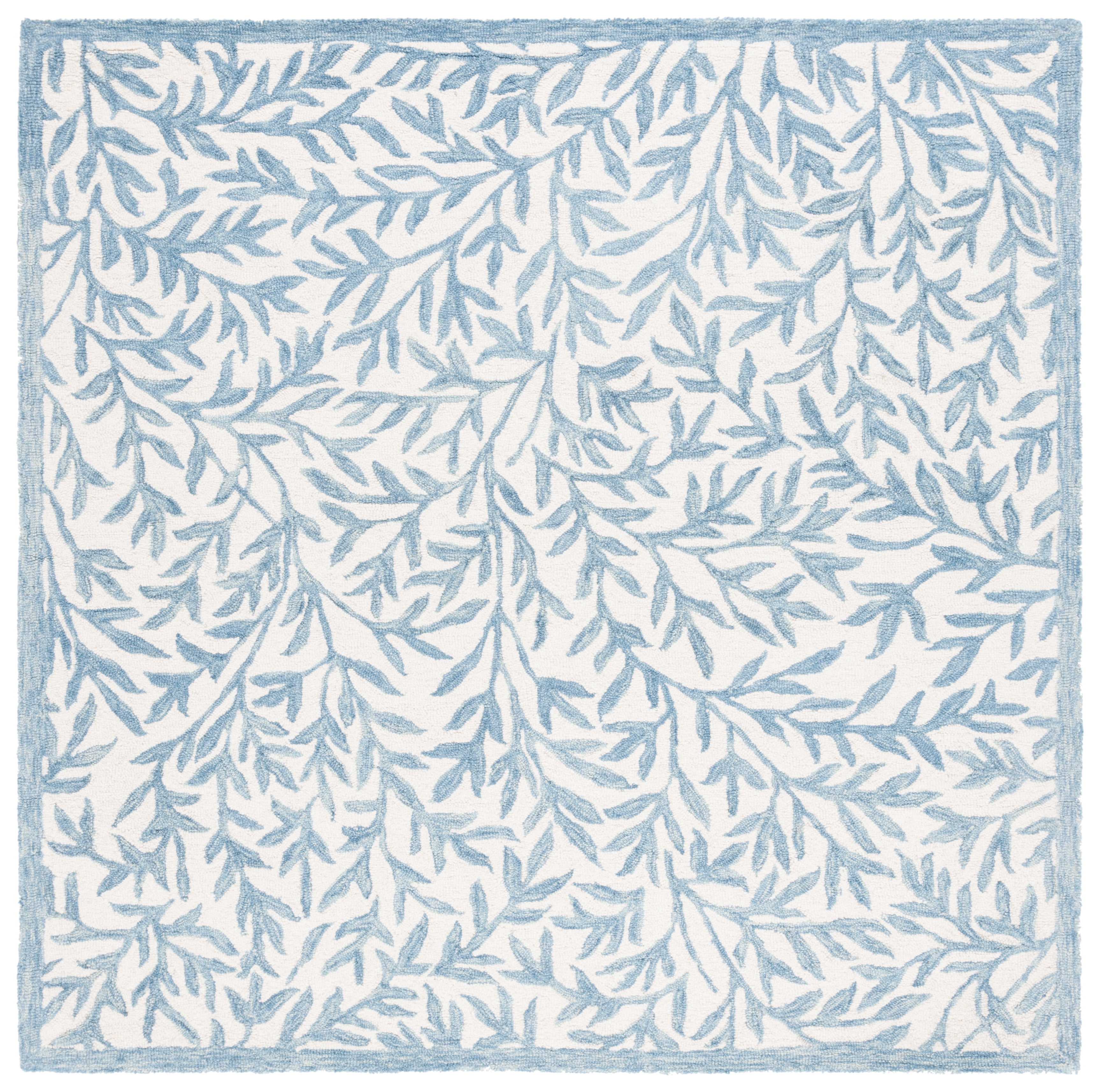 Ivory and Blue Floral Hand-Tufted Wool Square Rug