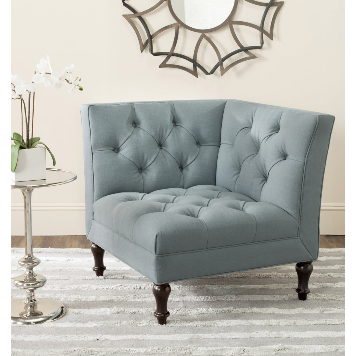 Sky Blue Transitional Tufted Corner Chair with Birch Legs