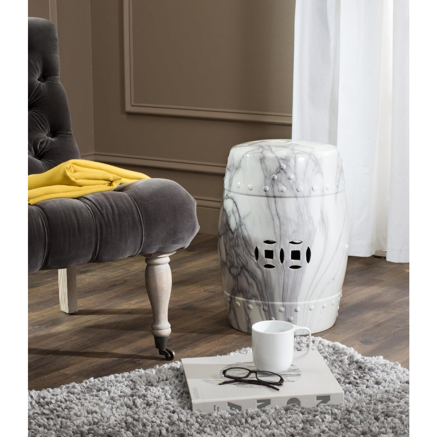 White Ceramic Swirl Garden Stool with Rivets