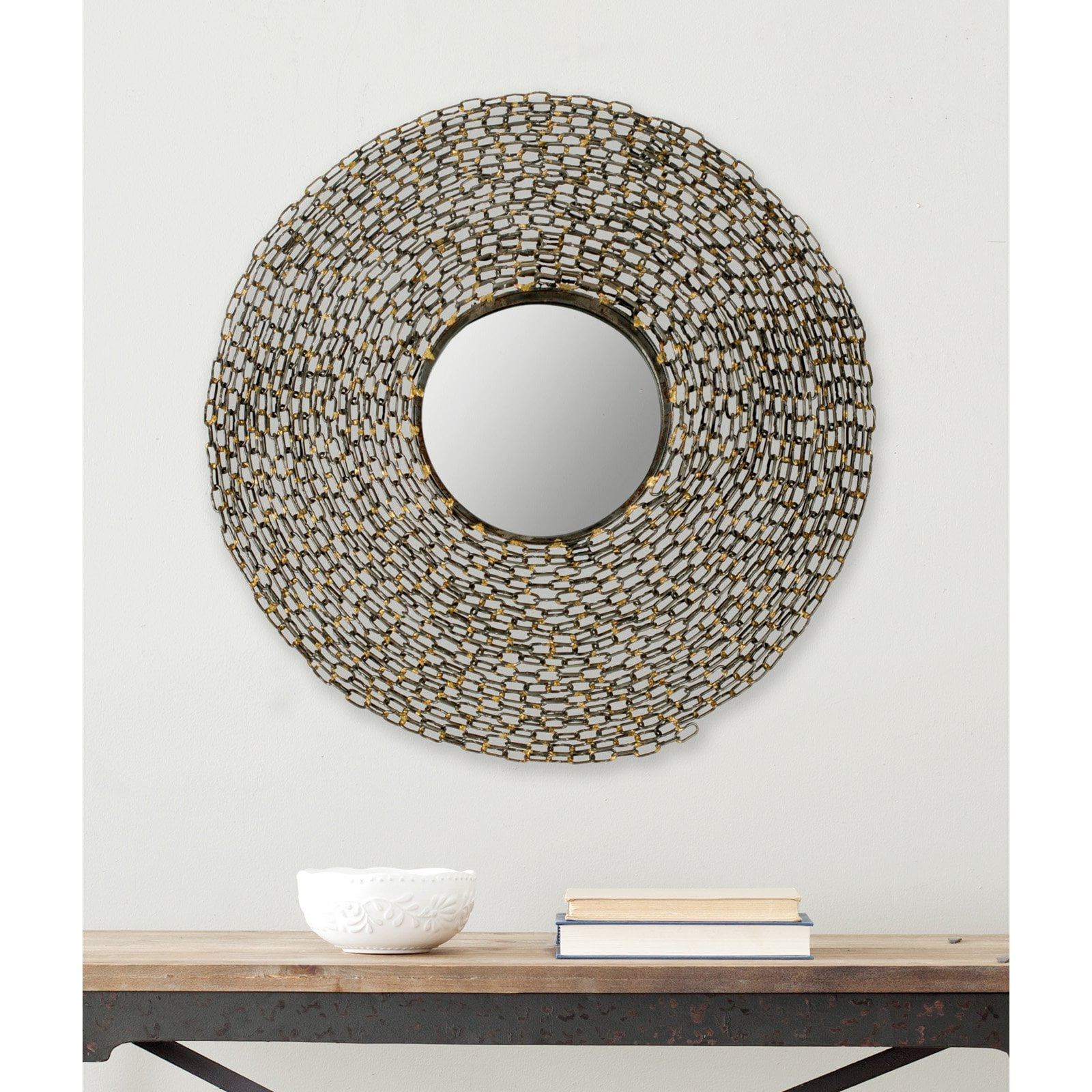 24-Inch Round Gold Sunburst Chain Link Mirror