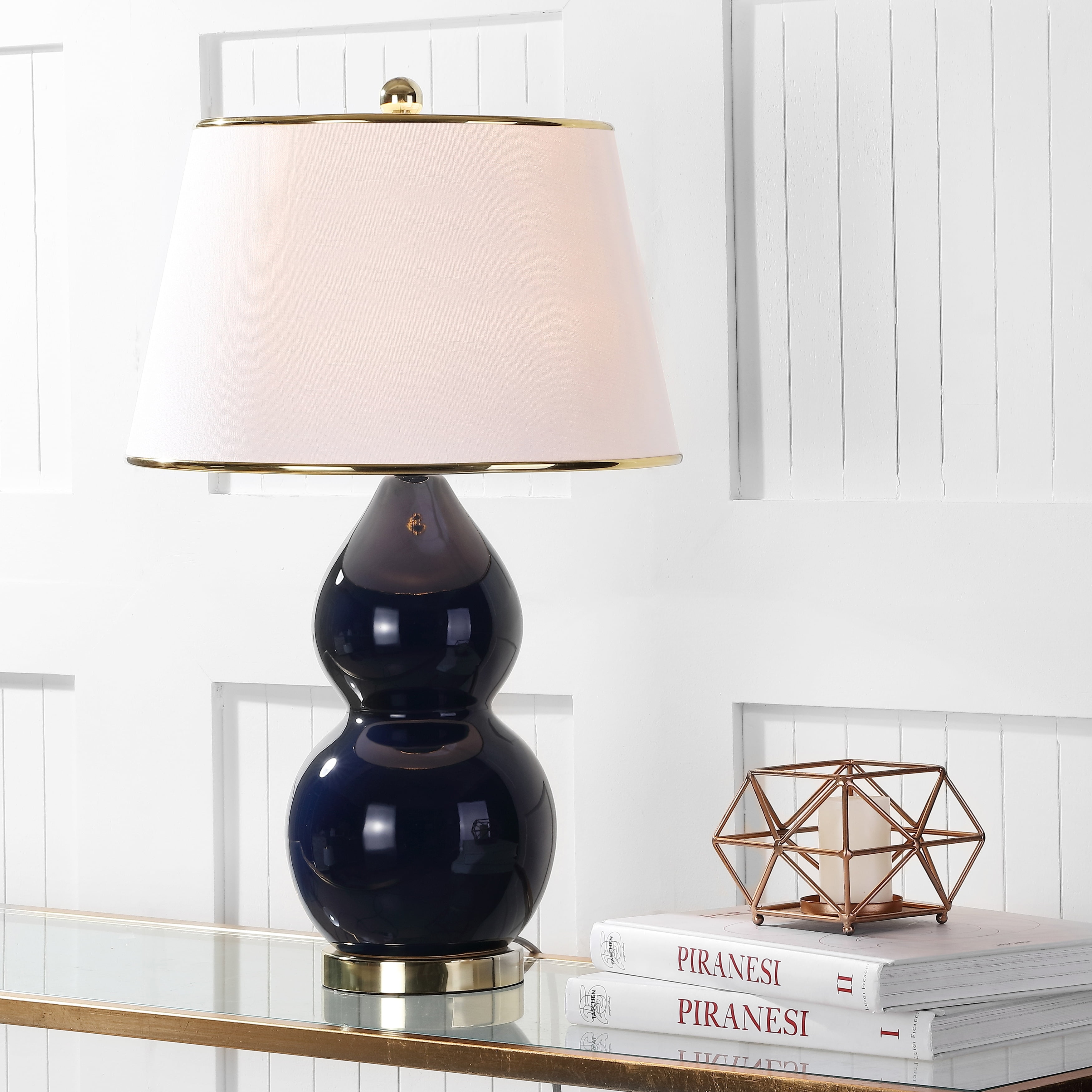 Navy Ceramic Double Gourd Table Lamp Set with Off-White Shades
