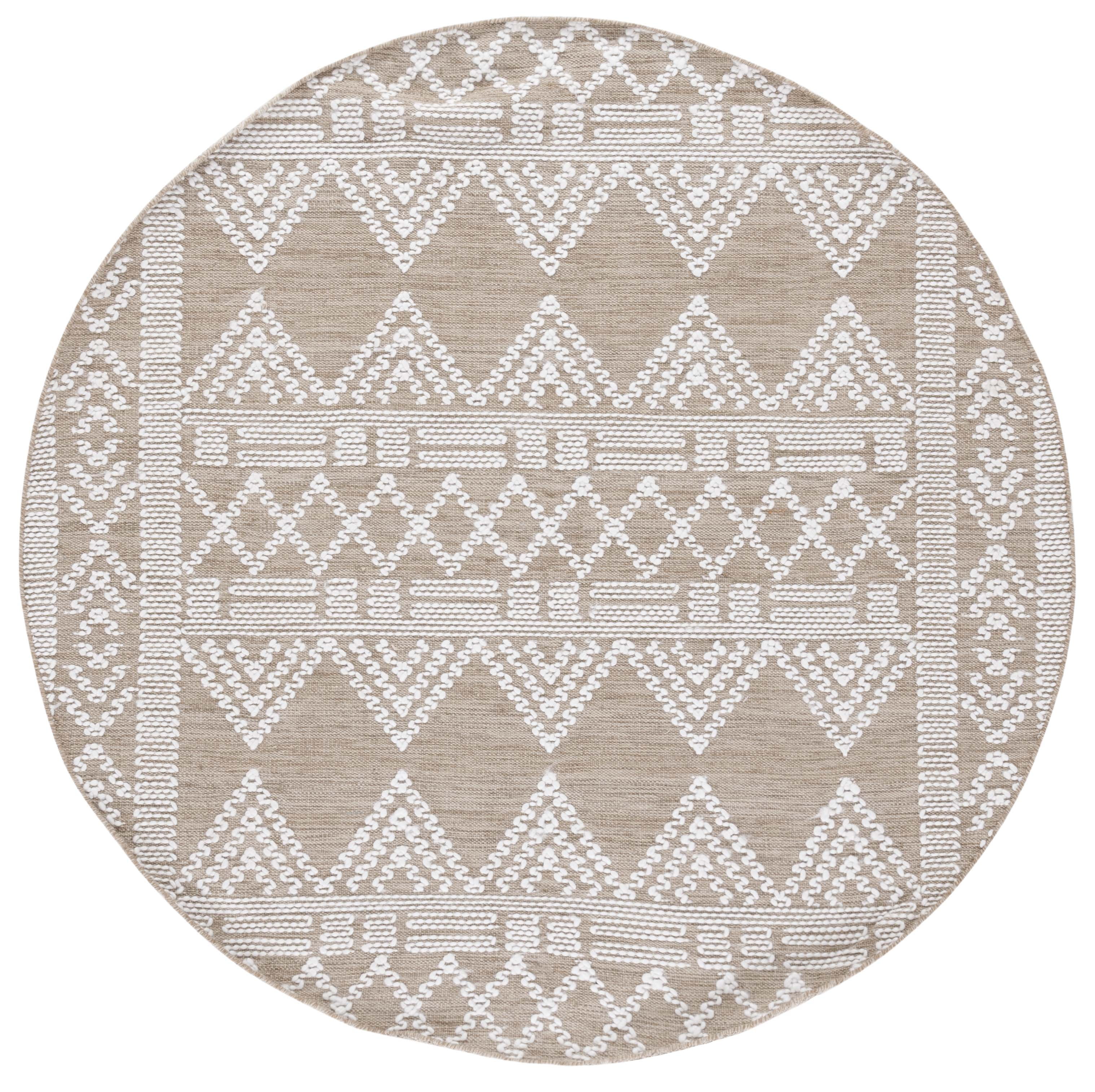 Ivory and Beige Round Flat Woven Wool Area Rug