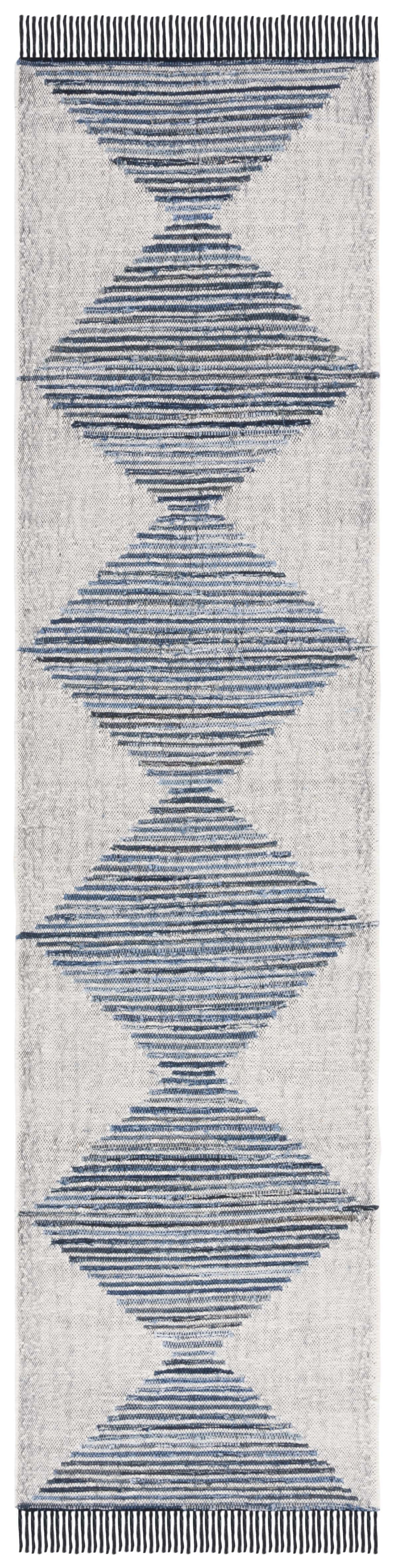 Ivory and Blue Wool Cotton Flat Woven Runner Rug