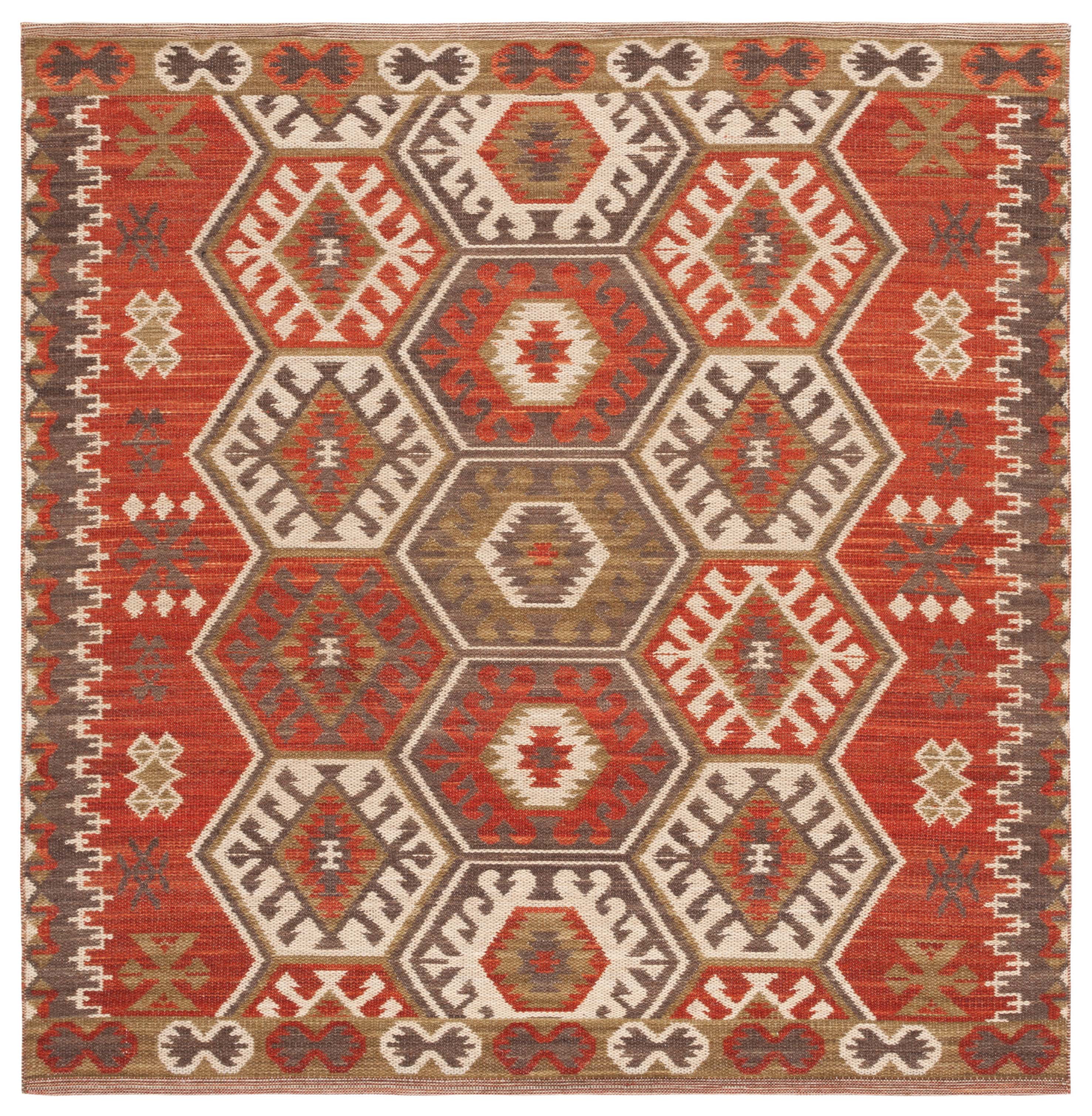 Red and Olive 6' x 6' Square Handwoven Wool Kilim Area Rug
