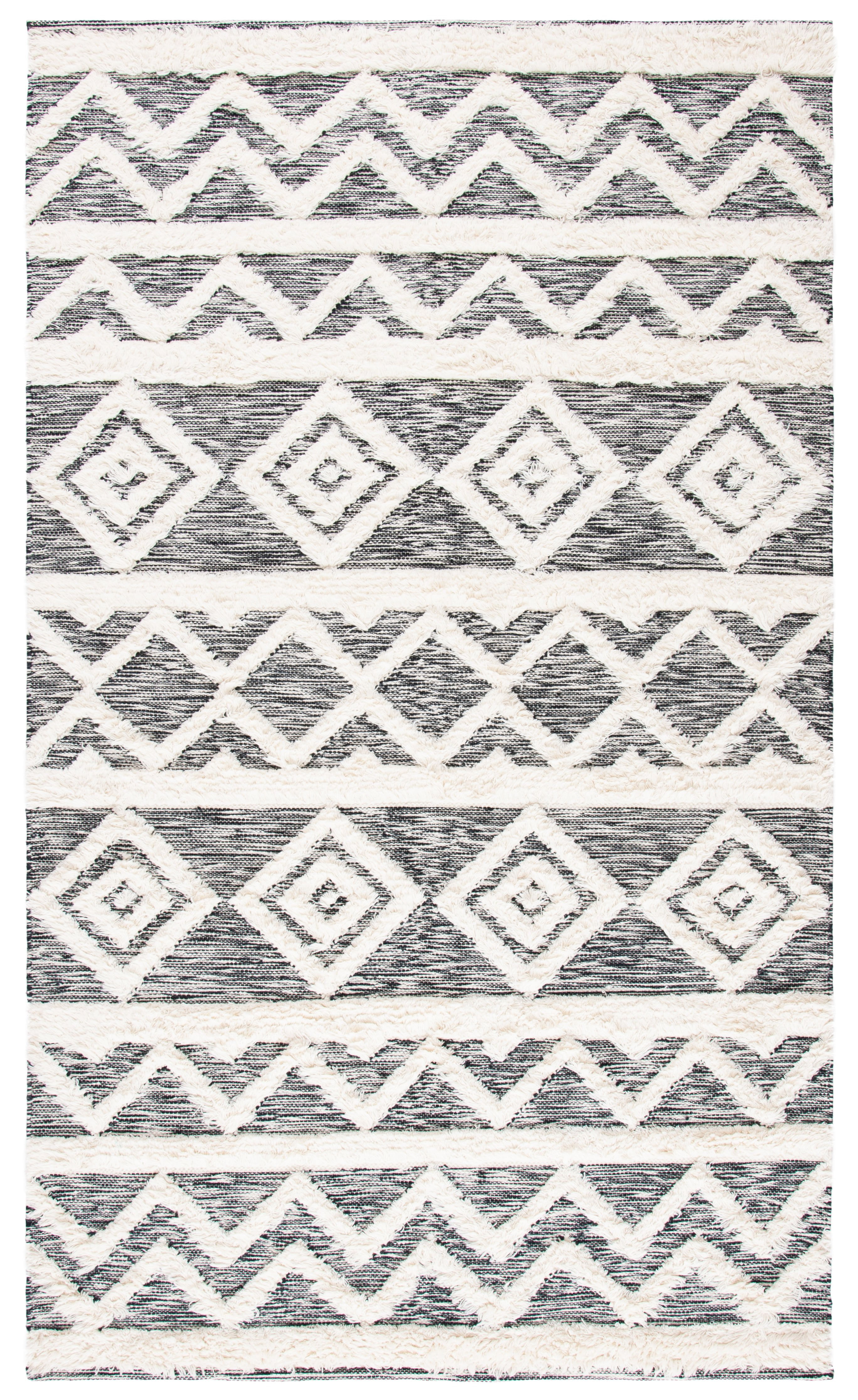 Bohemian Black and Ivory Hand-Knotted Wool Area Rug 6' x 9'