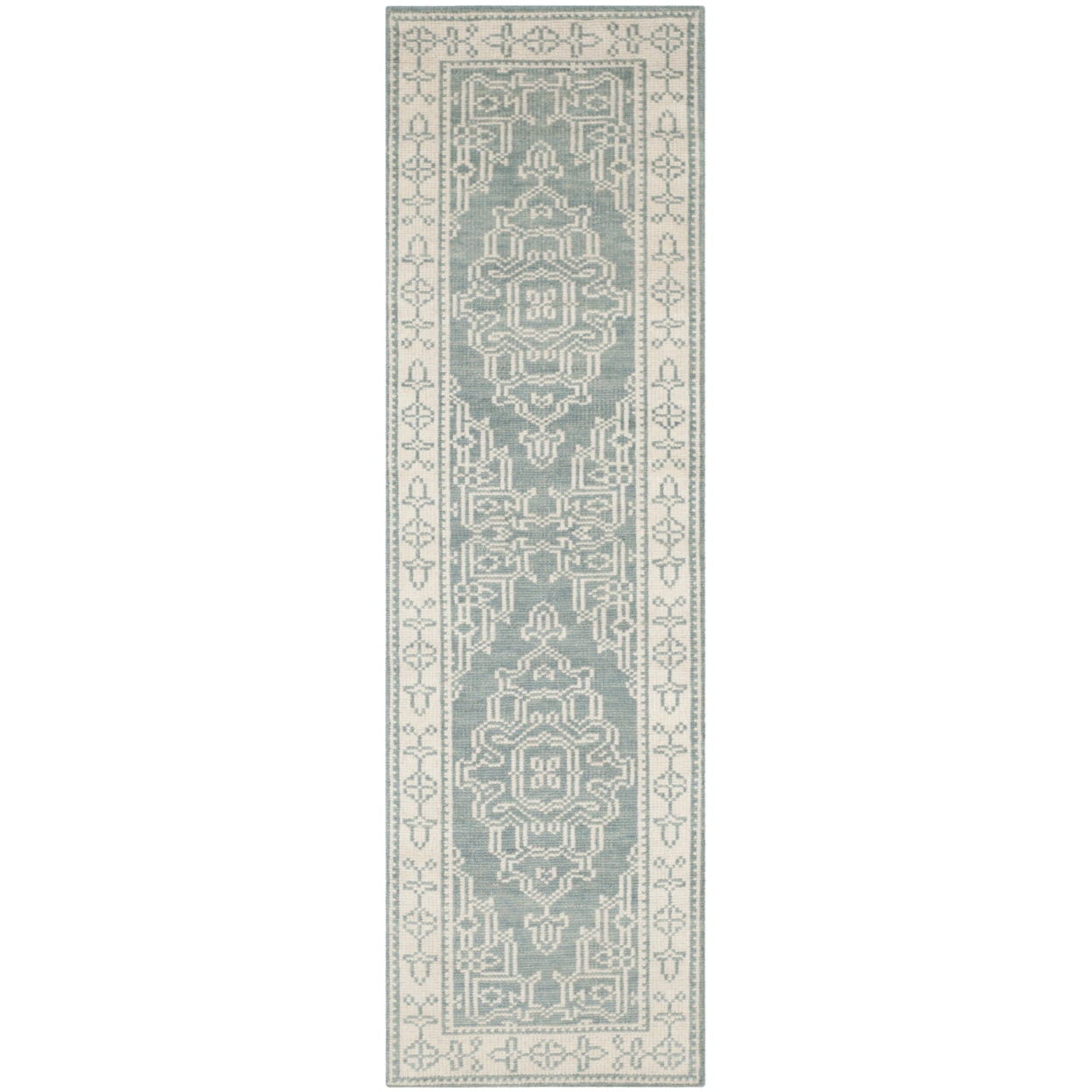 Ivory and Blue Hand-Knotted Wool Area Rug, 2'3" x 8'