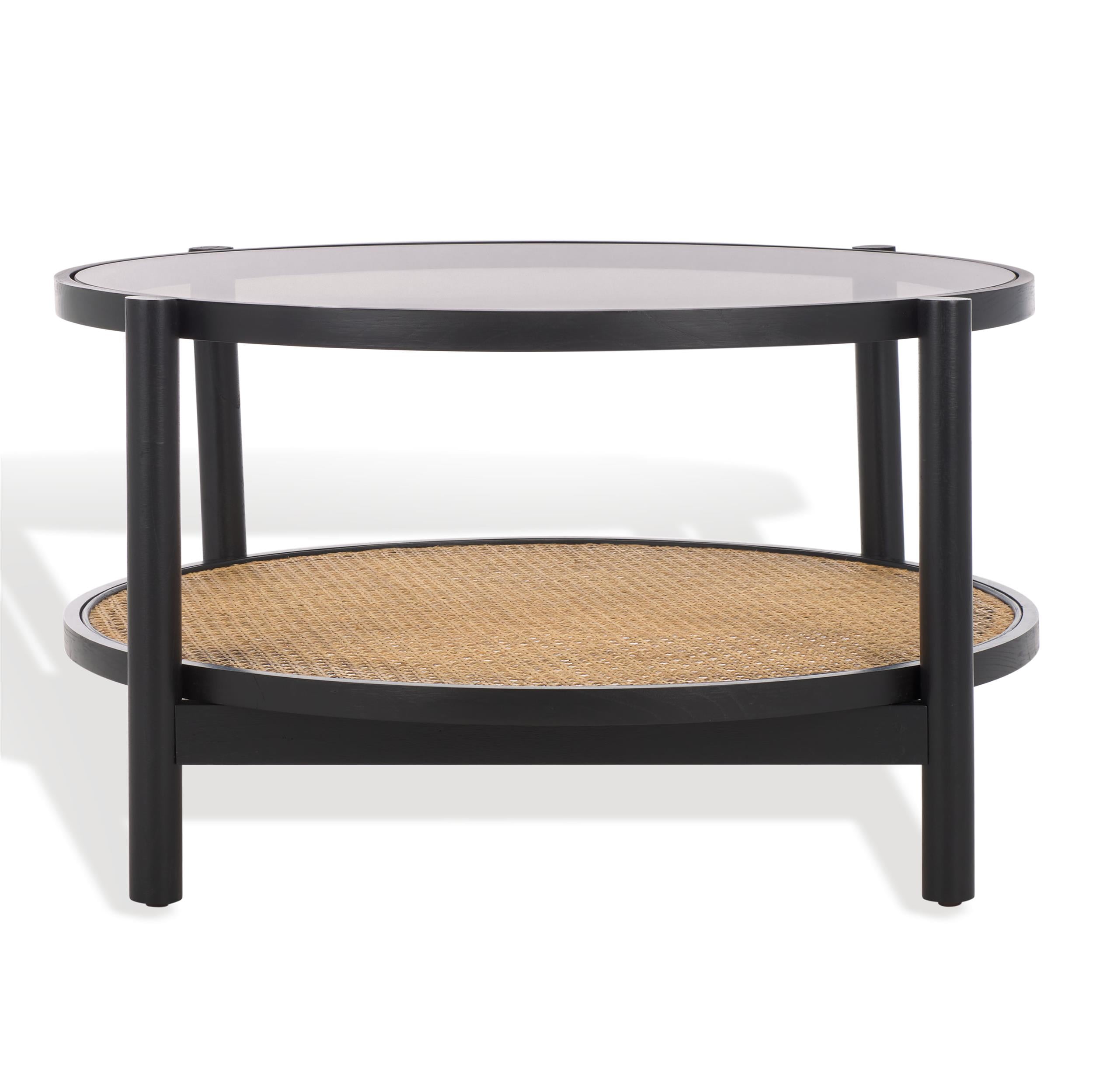 Karyna Black and Natural Elm Wood Rattan Glass Coffee Table with Storage