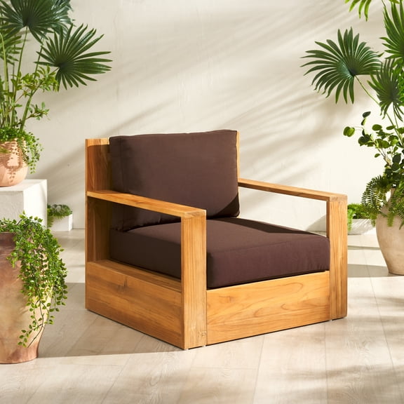 Safavieh Couture Kauai Modern Teak Patio Chair, Natural/Dark Brown