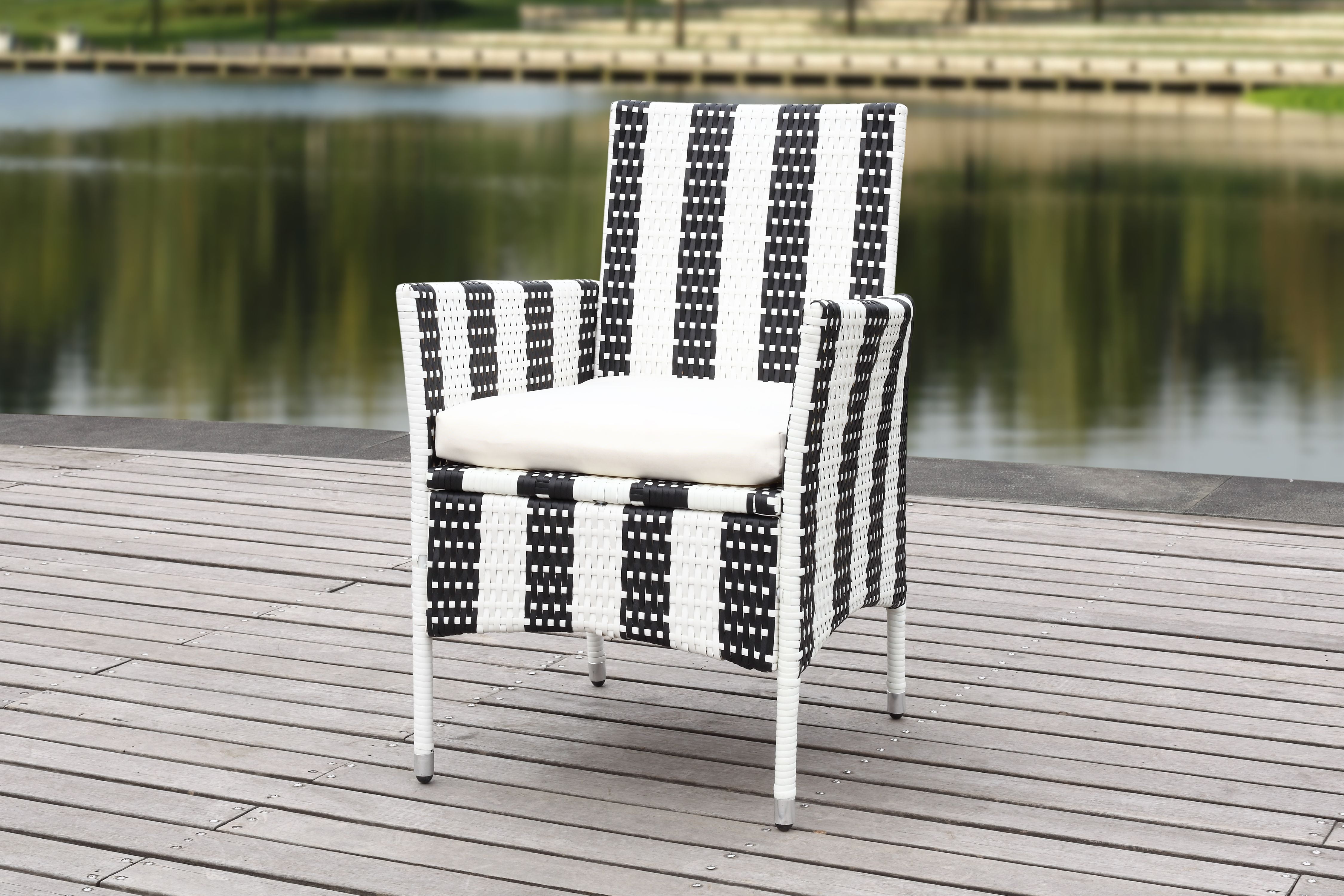 Black and White PE Rattan Arm Chairs with Cushions, Set of 2
