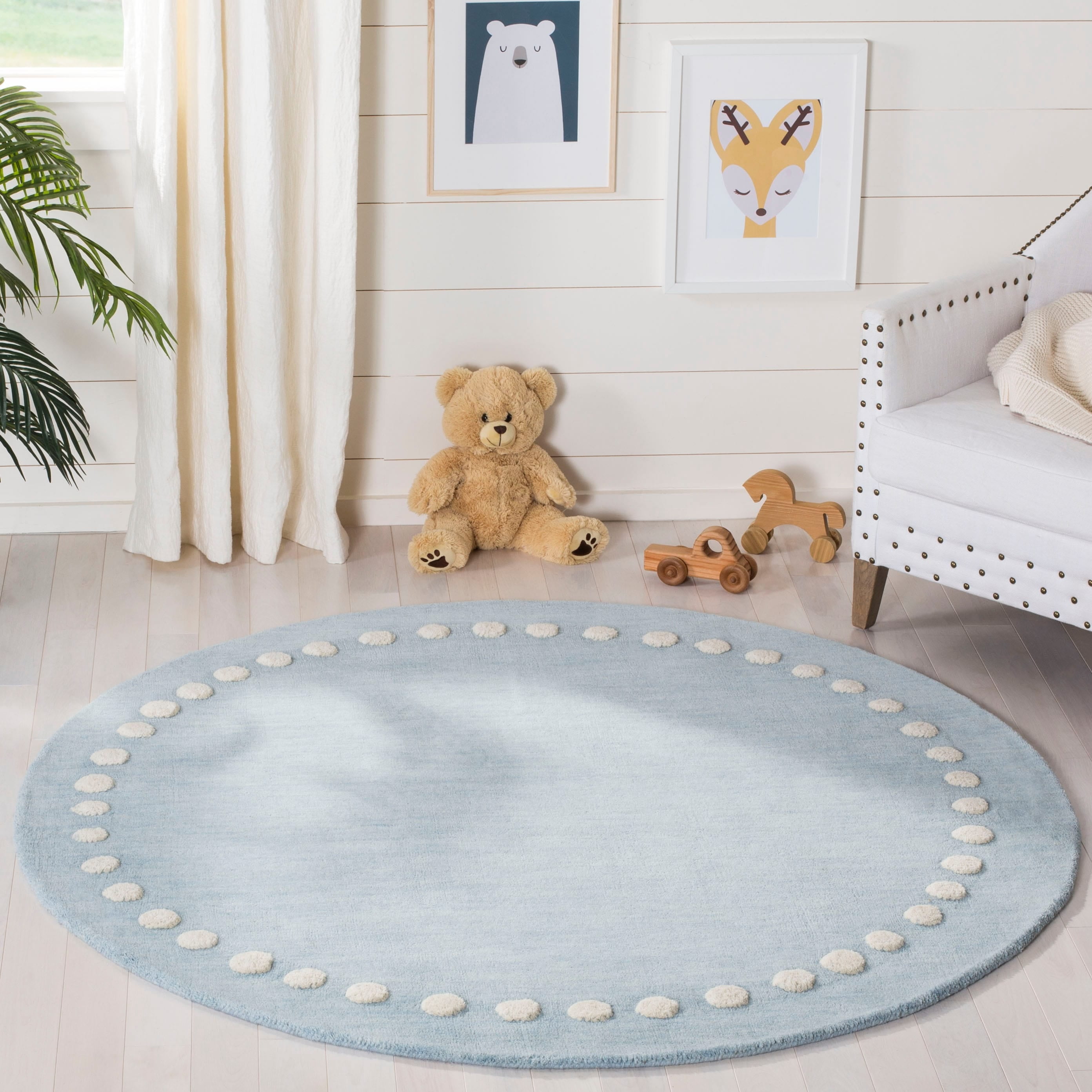 Plush Hand-Tufted Blue Wool Round Kids' Playroom Rug, 5' Diameter