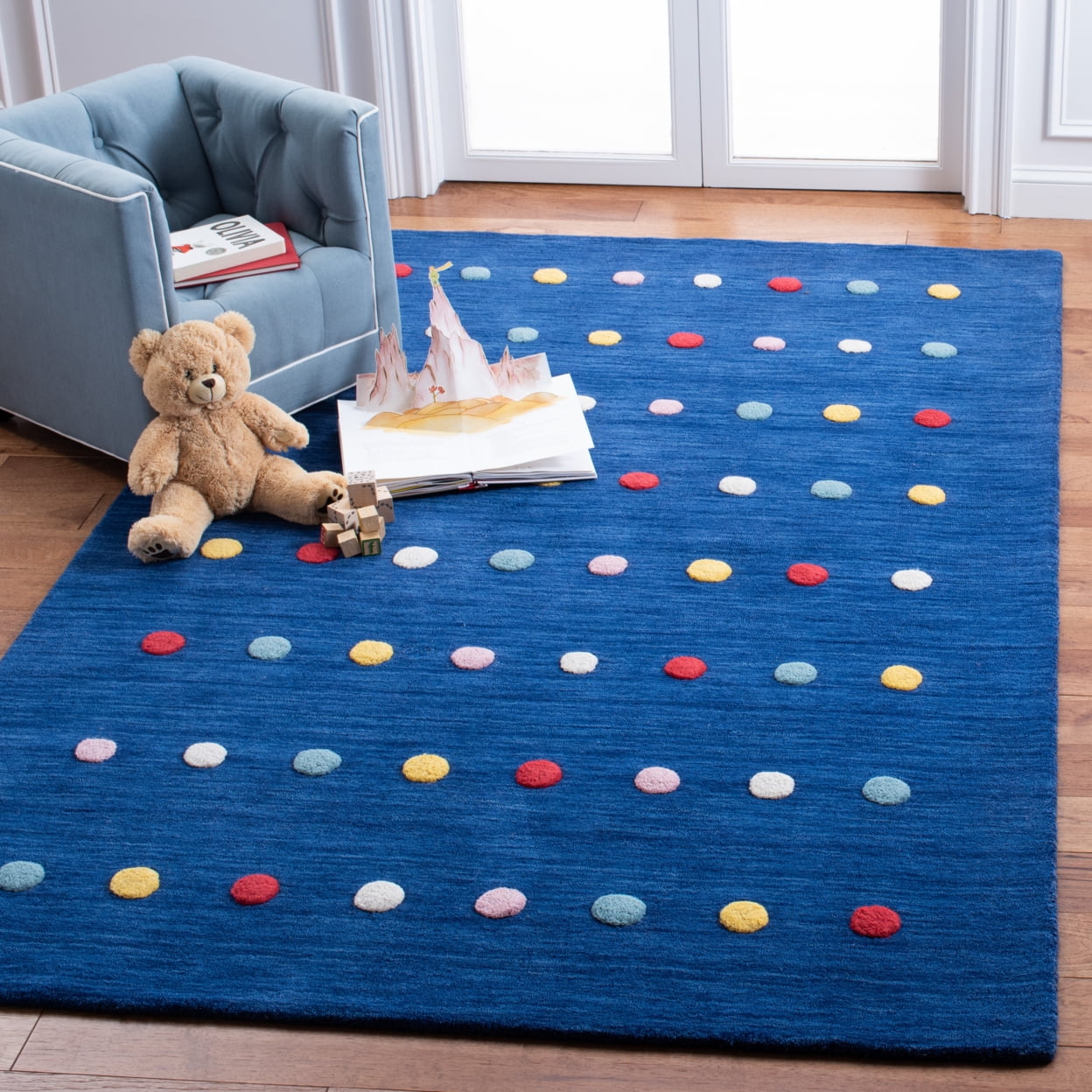 Navy Polka Dot Hand-Tufted Wool Kids Rug, 3' Square