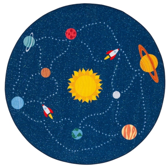 SAFAVIEH Kids Playhouse Solar System Machine Washable Area Rug, Navy/Gold, 6'7" x 6'7" Round