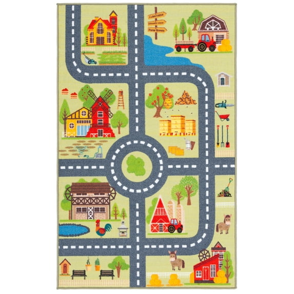SAFAVIEH Kids Playhouse Farm Crossroads Machine Washable Area Rug, Light Green/Dark Grey, 2'2" x 4'