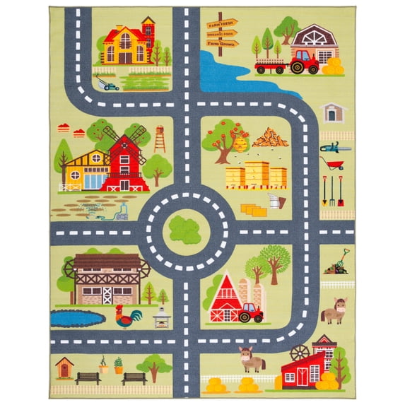 SAFAVIEH Kids Playhouse Farm Crossroads Machine Washable Area Rug, Light Green/Dark Grey, 7'9" x 10'