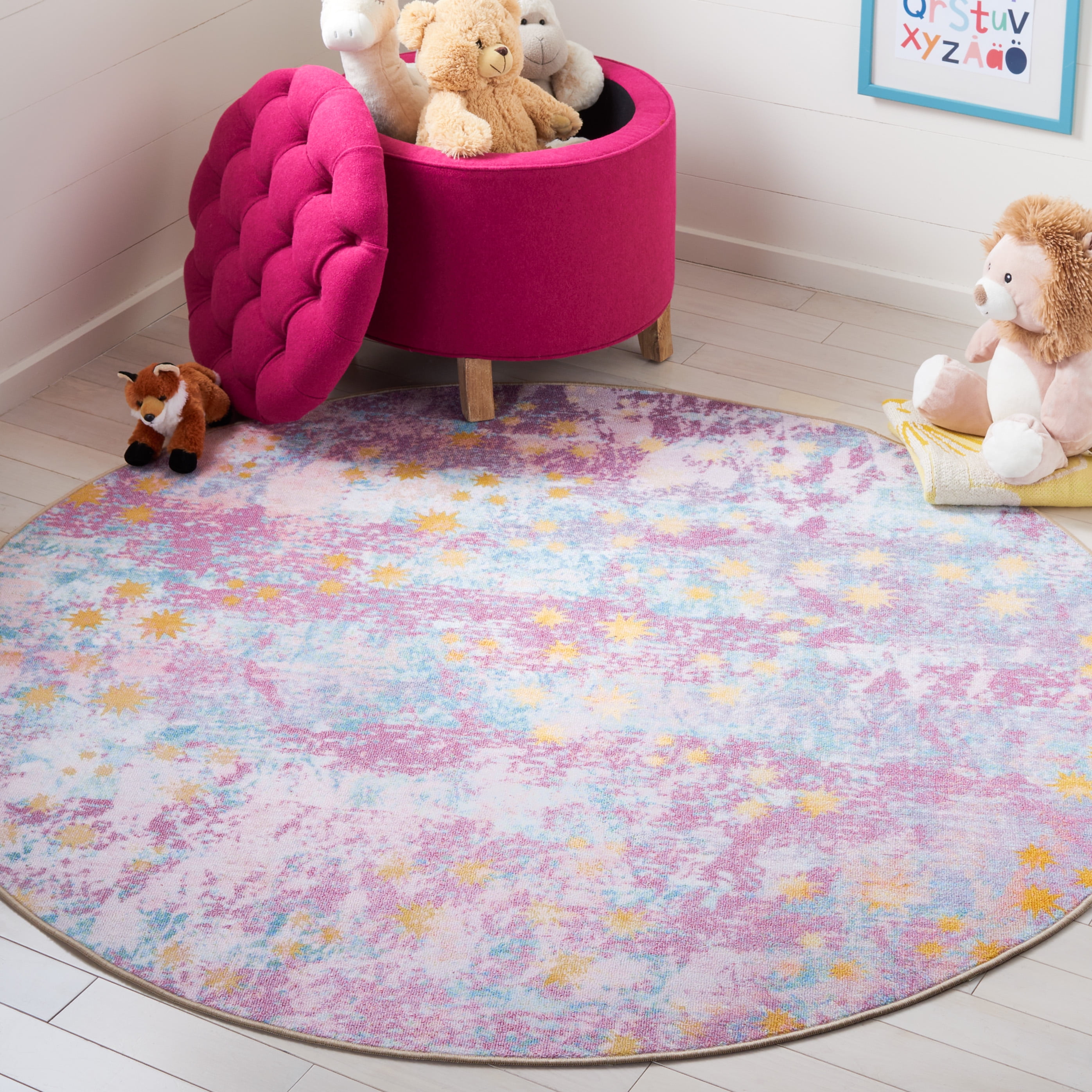 Safavieh Kids Playhouse Stars in the Night Sky Machine Washable Area Rug, Purple/Light Blue, 3'3" x 3'3" Round