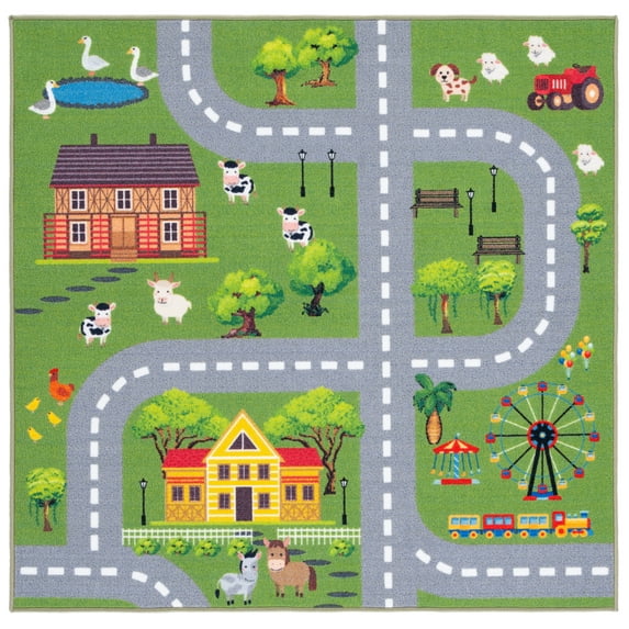 SAFAVIEH Kids Playhouse Ranch Crossroads Machine Washable Area Rug, Dark Green/Light Grey, 3'3" x 3'3" Square