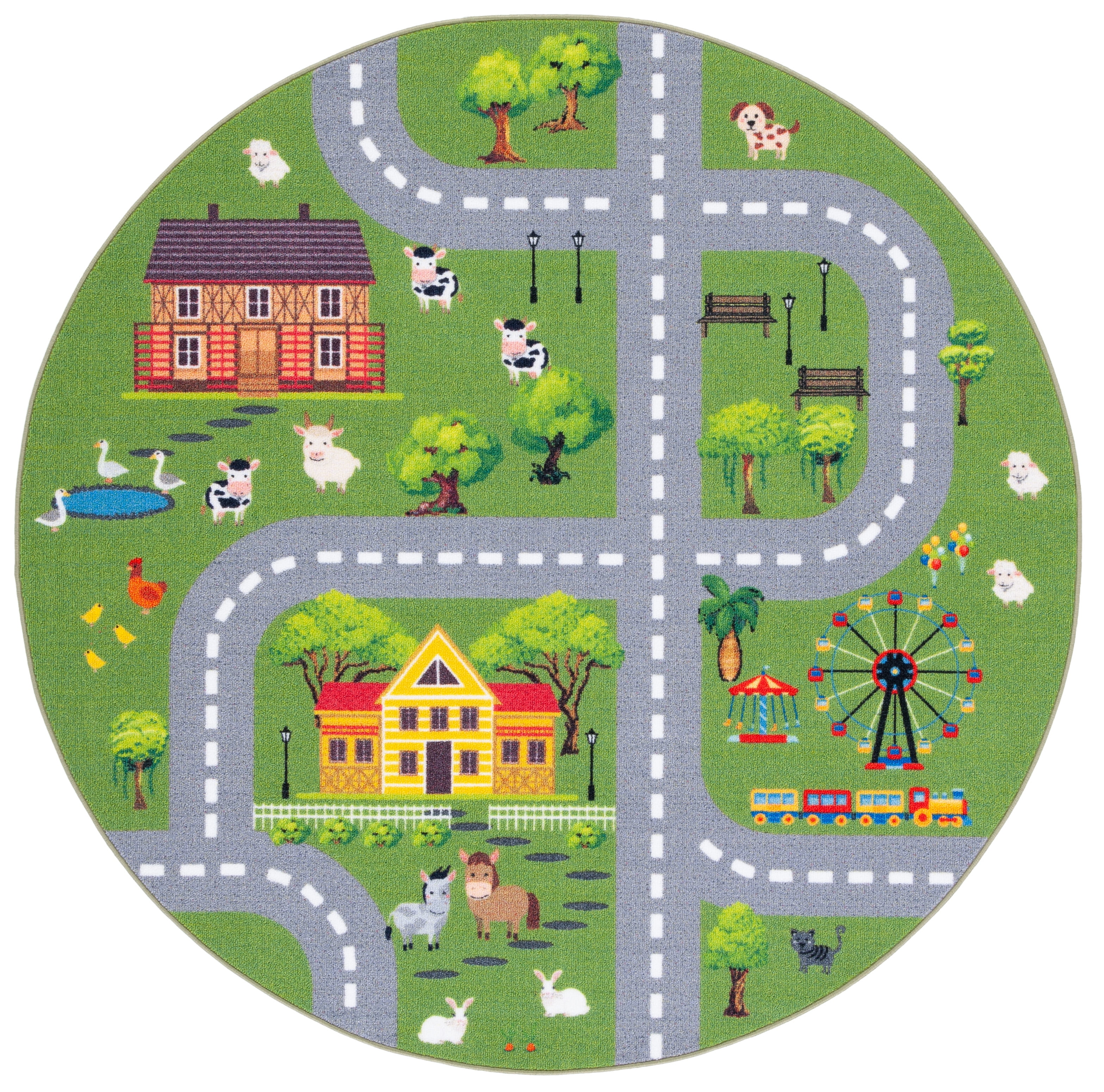 Round Dark Green and Light Grey Kids Playhouse Rug