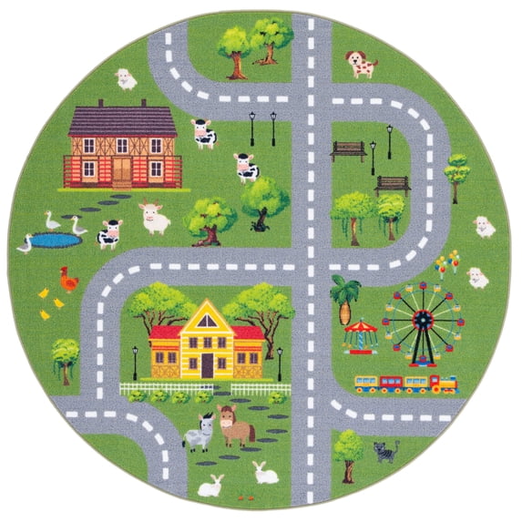 SAFAVIEH Kids Playhouse Ranch Crossroads Machine Washable Area Rug, Dark Green/Light Grey, 3'3" x 3'3" Round