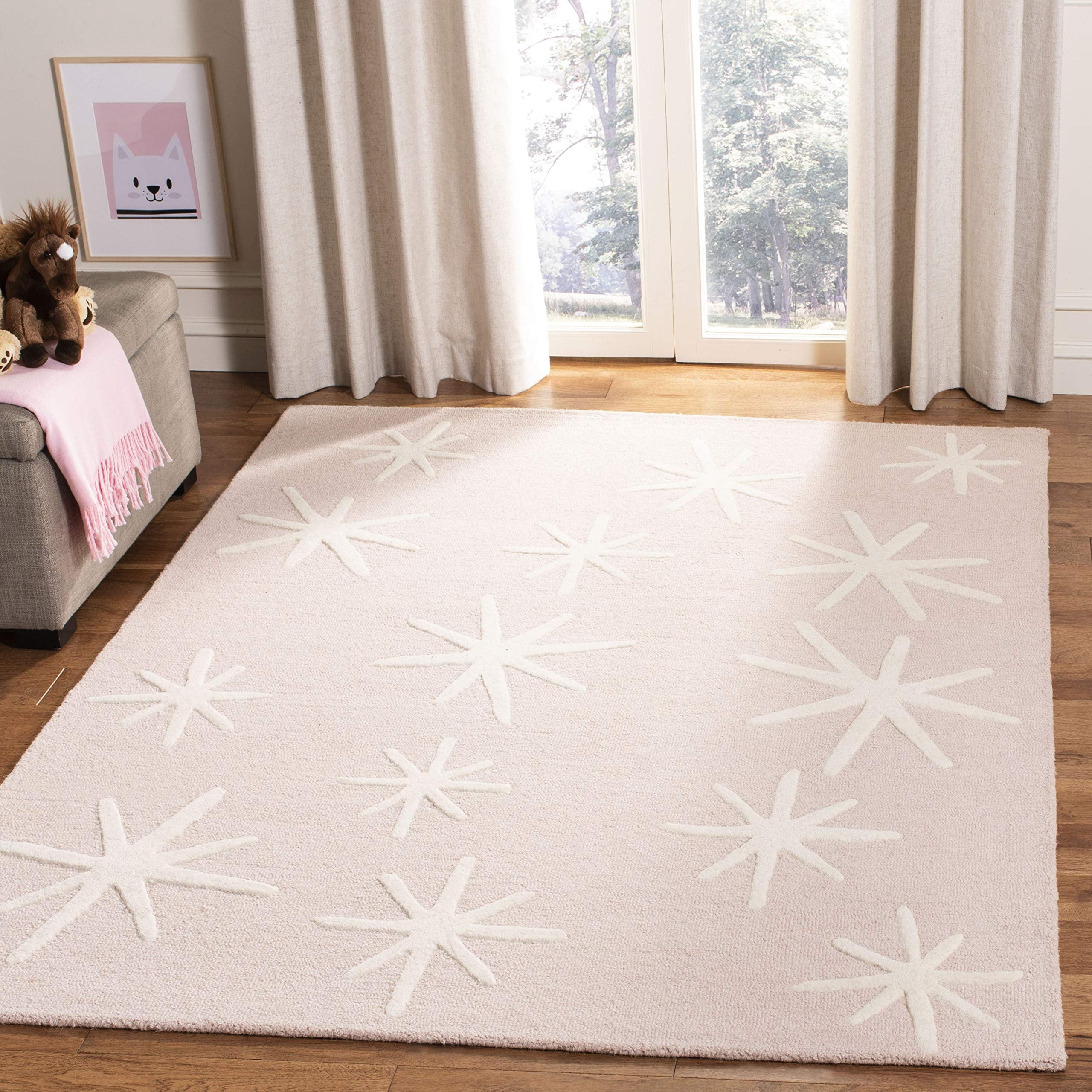 Ivory and Pink Hand-Tufted Wool Kids Square Rug, 5x5 ft