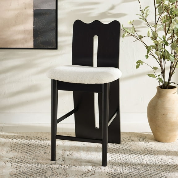 Safavieh Kieran Modern Mid Back Wood and Fabric Stools, Creme/Black