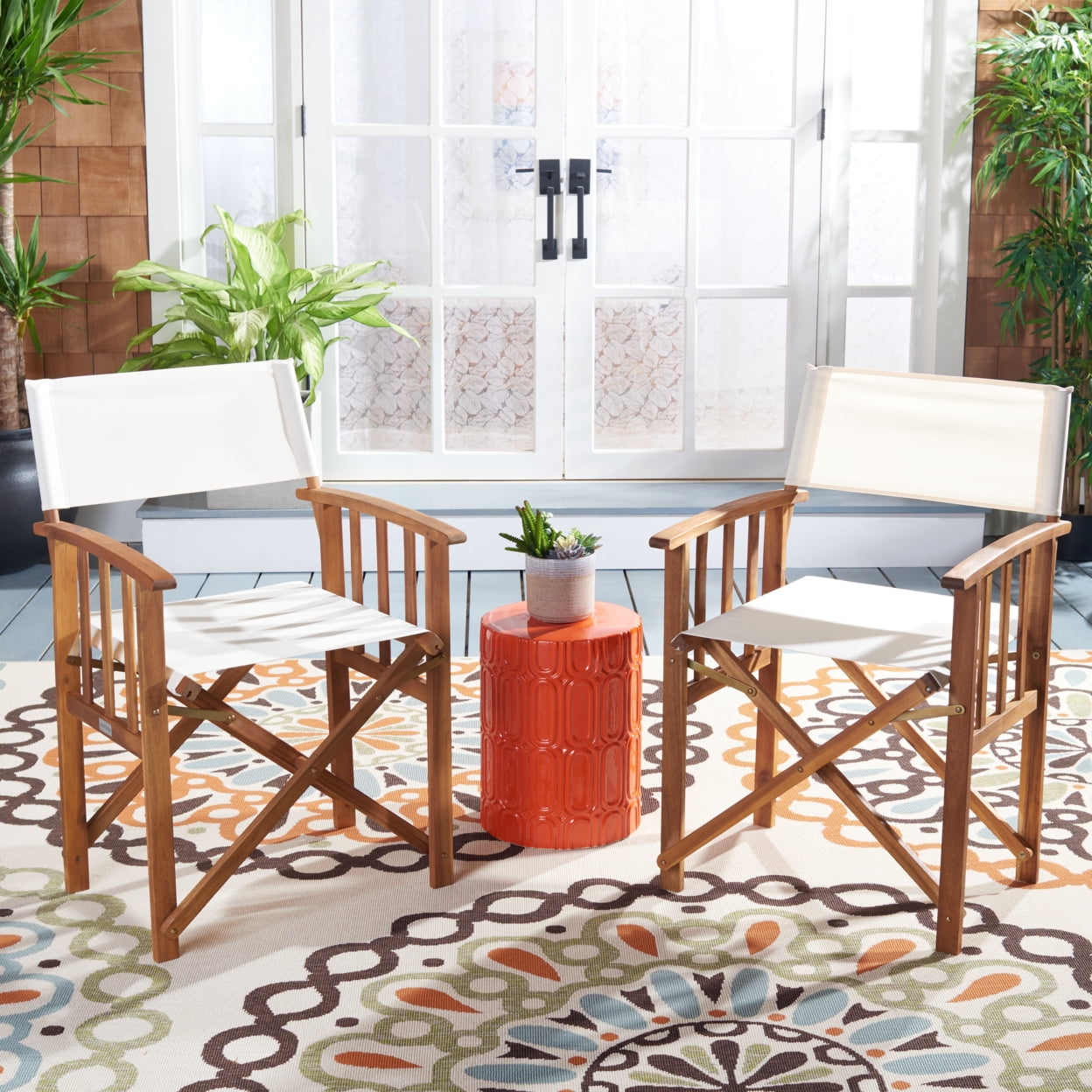 Natural Acacia Wood Outdoor Director Chairs with Beige Cushions, Set of 2