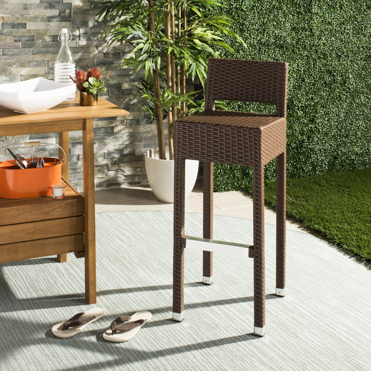 Landry Brown Rattan and Aluminum Bar Stool