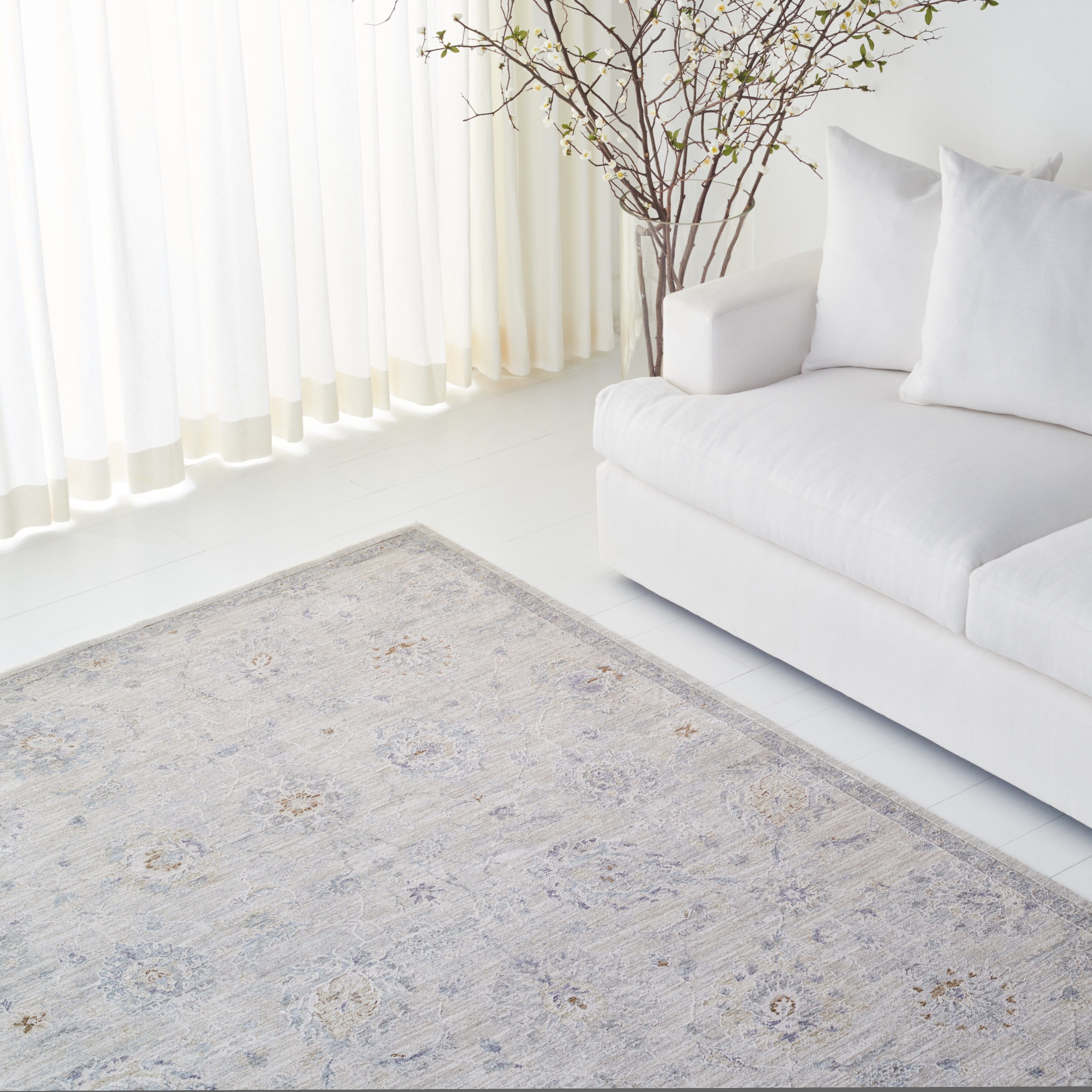 Elegant Gray Floral 10' x 14' Hand-Knotted Synthetic Area Rug