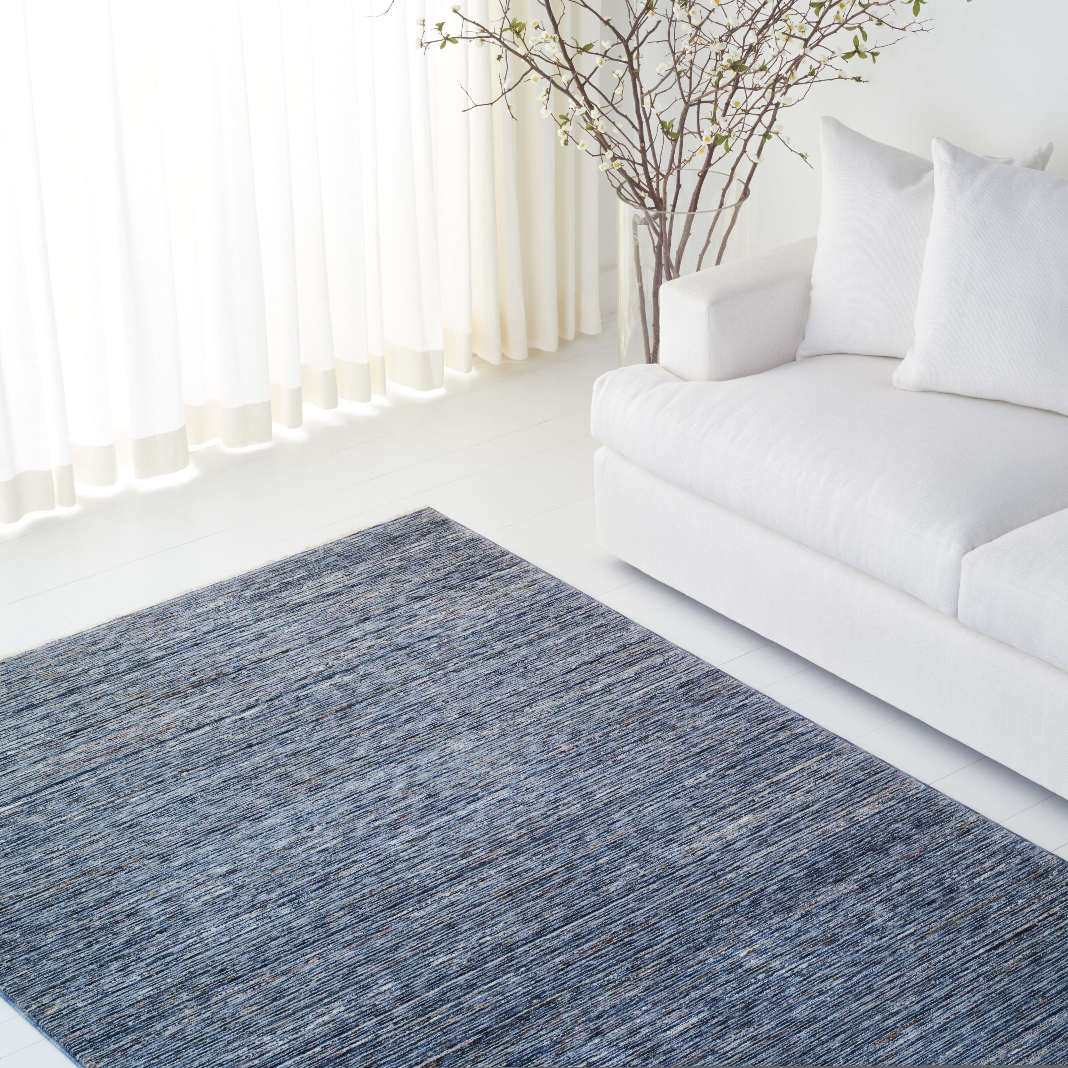 Navy and Beige Stripe Hand-Knotted 7'9" x 10' Synthetic Area Rug