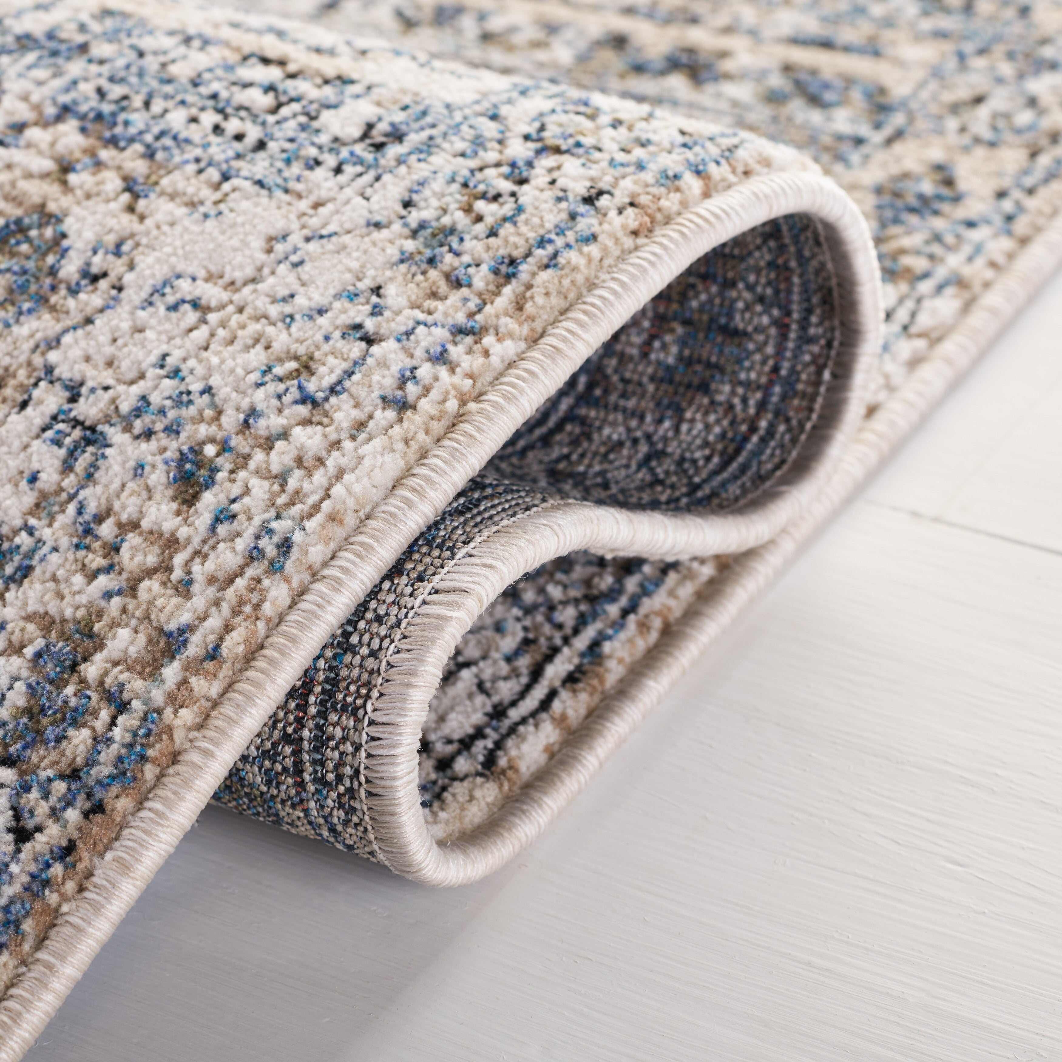 Ivory & Navy Hand-Knotted Round Wool & Synthetic Blend Rug